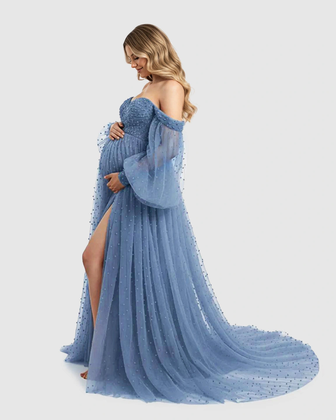 Off-Shoulder Tulle Train Maternity Gown