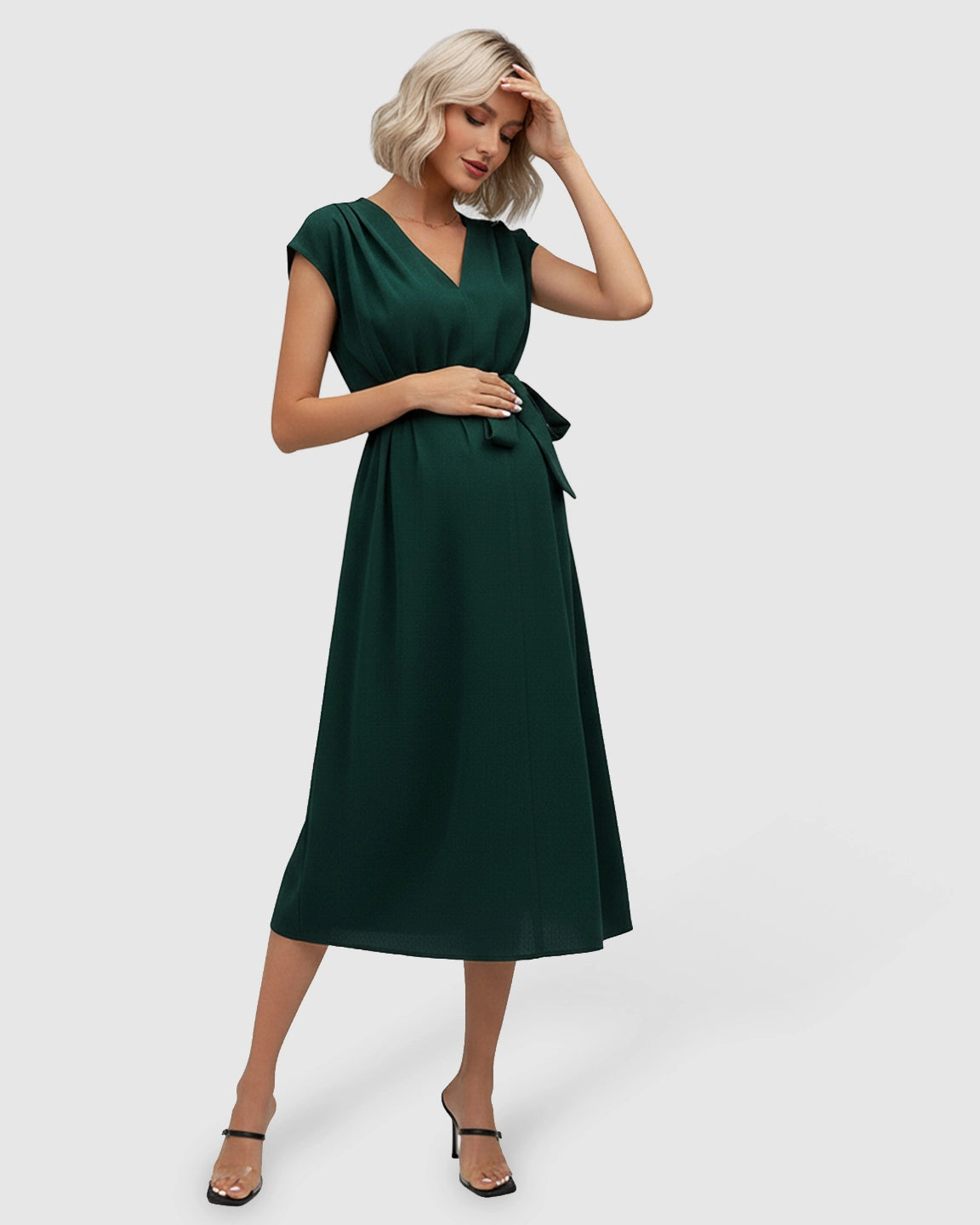 Tie-Waist V-Neck Maternity Midi Dress