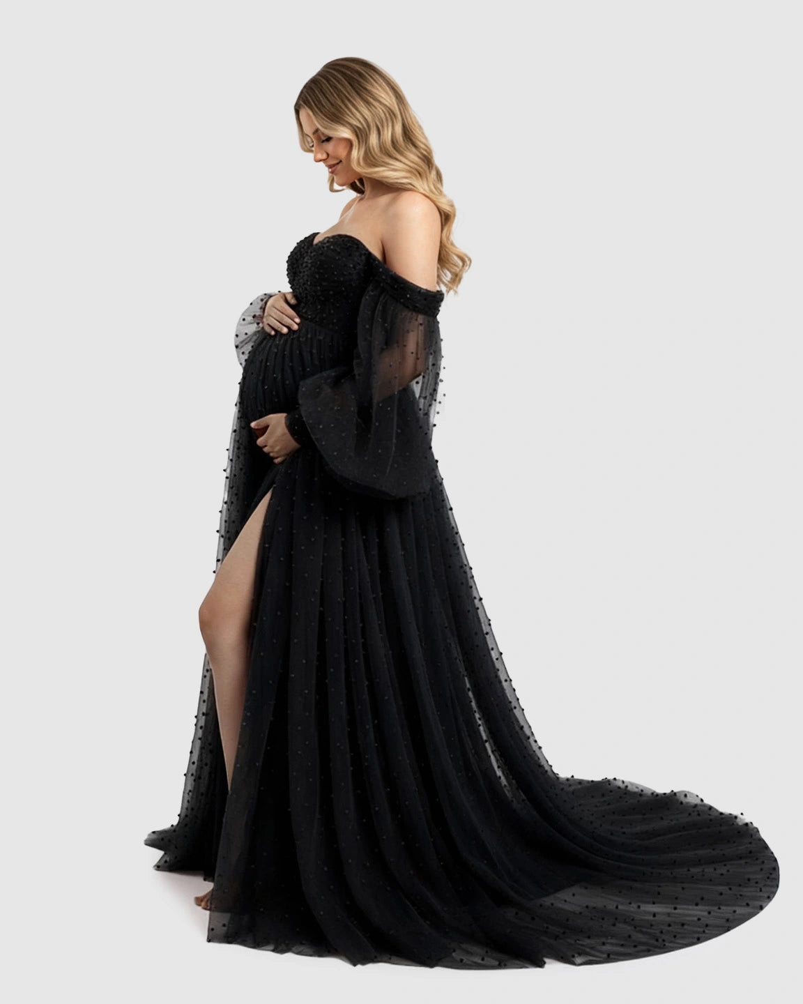 Off-Shoulder Tulle Train Maternity Gown