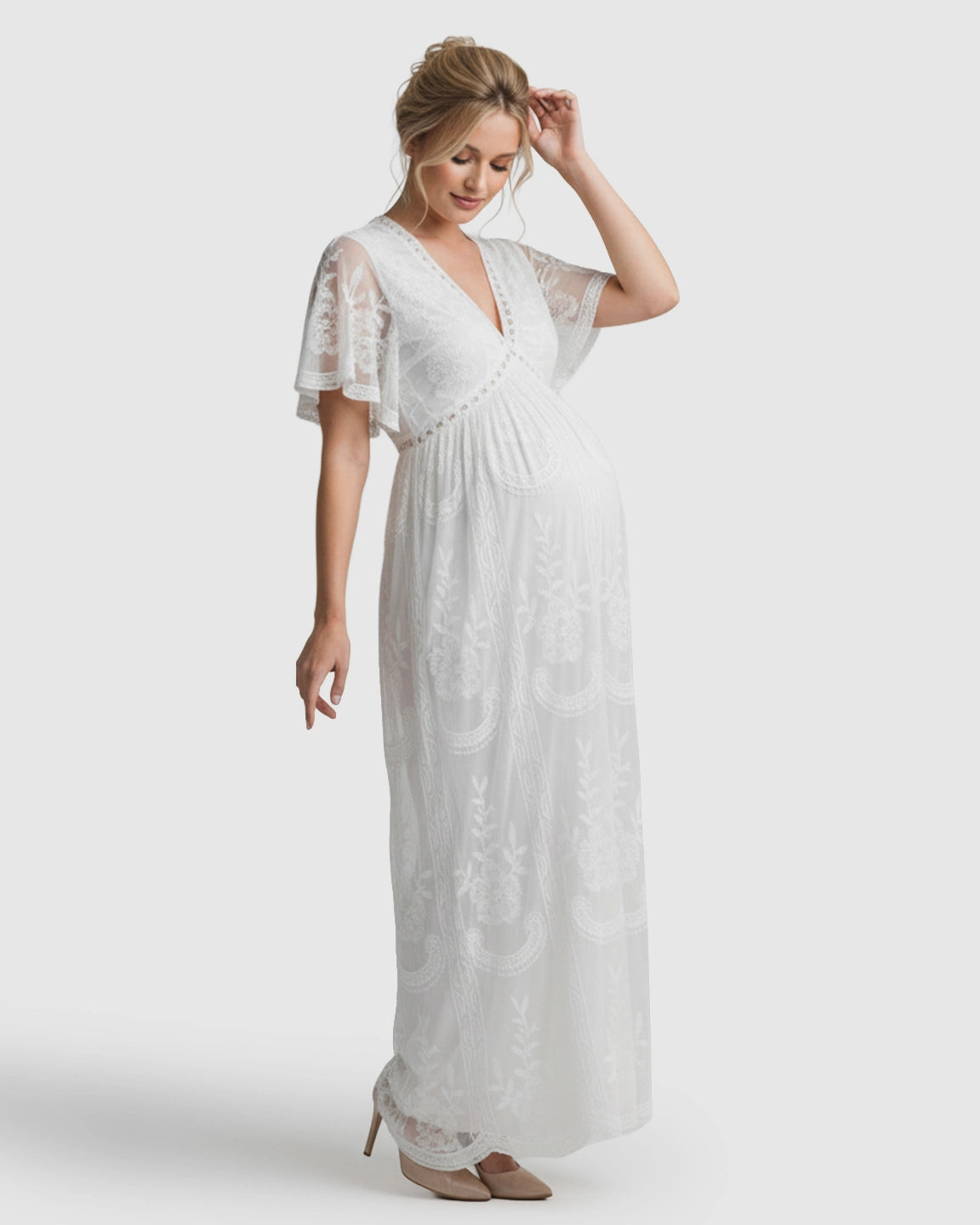 Sheer-Lace Romantic Maternity Maxi Dress