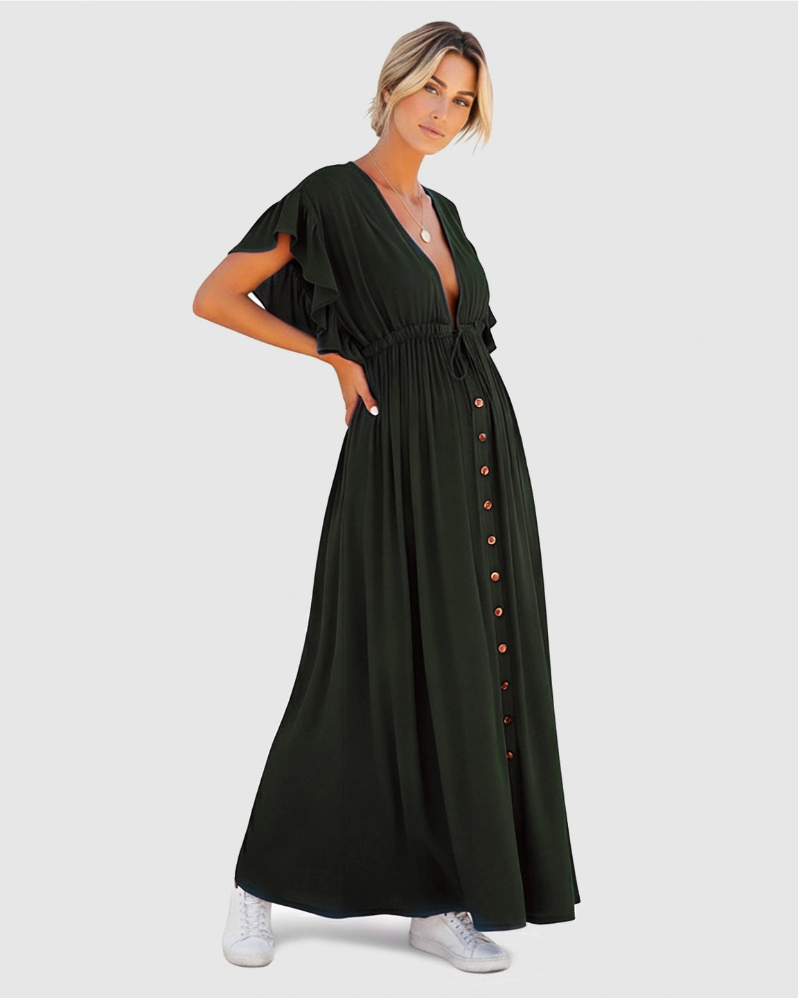 Button-Front Deep V Neck Maxi Beach Cover-Up Dress