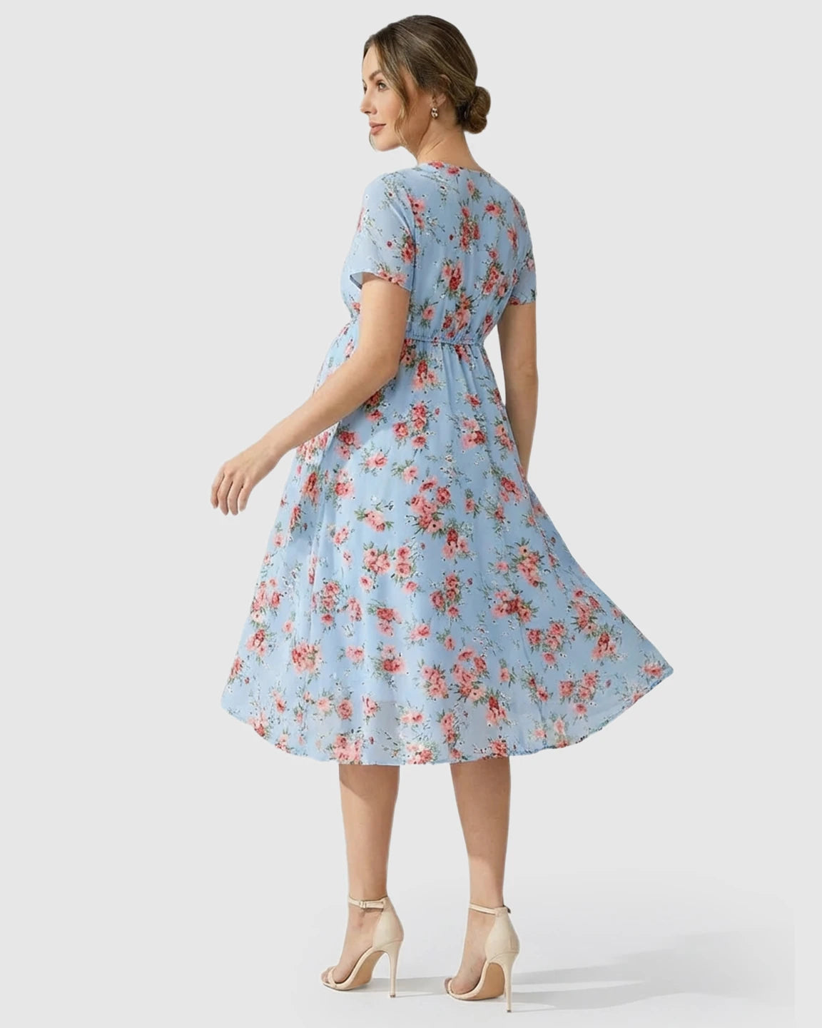 Chiffon Fabric Floral Print Maternity Midi Dress