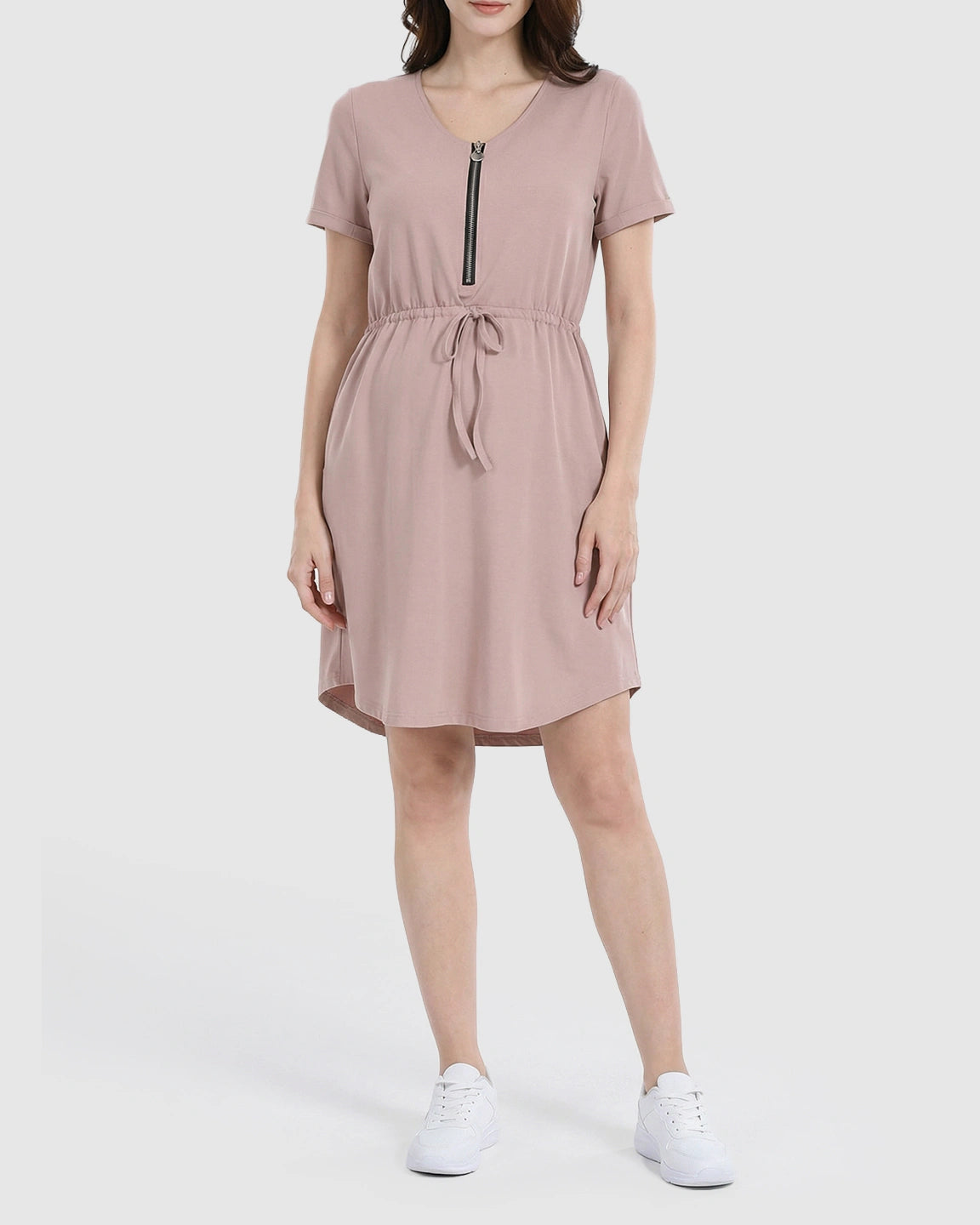 Short-Sleeve Front Zip Maternity & Nursing Dress