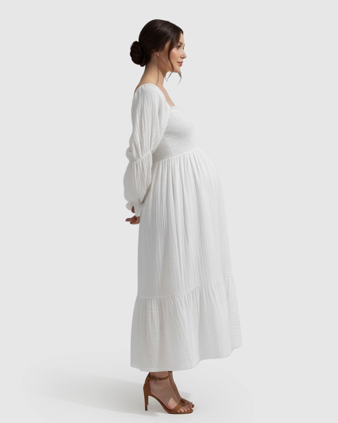 Puffed Long-Sleeve Tiered Skirt Maternity Maxi Dress
