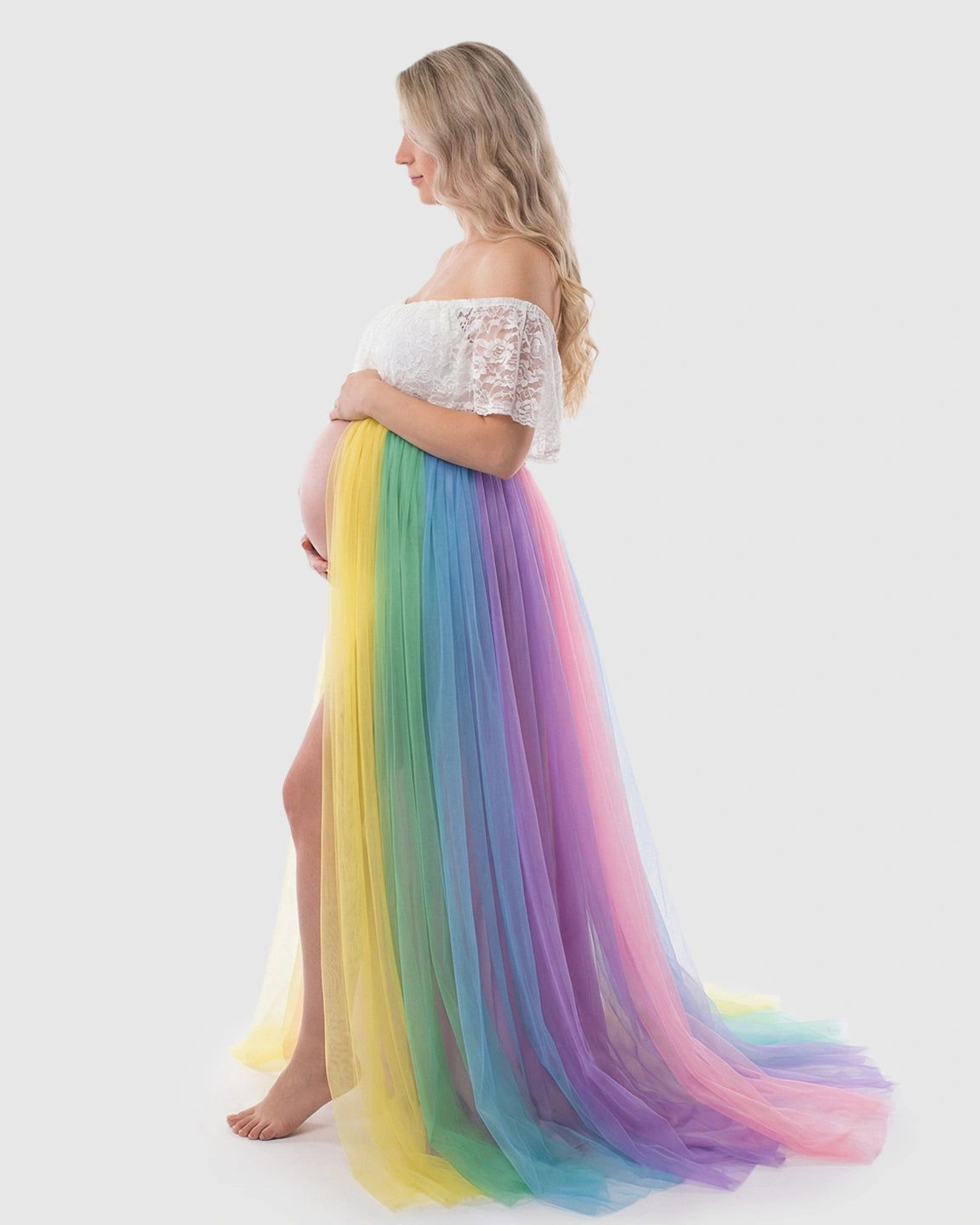 Lace-Spliced Rainbow Trailing Maternity Gown