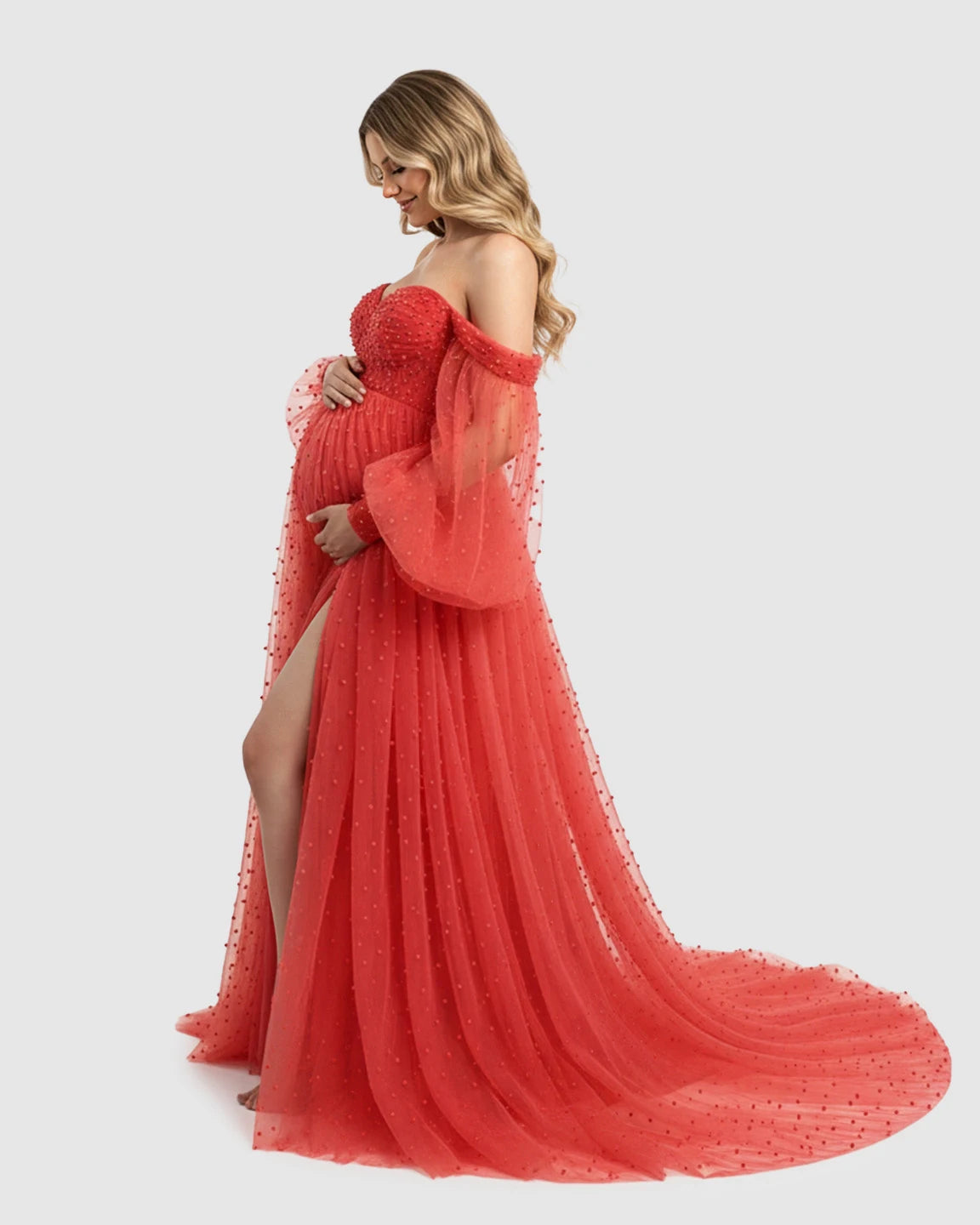 Off-Shoulder Tulle Train Maternity Gown