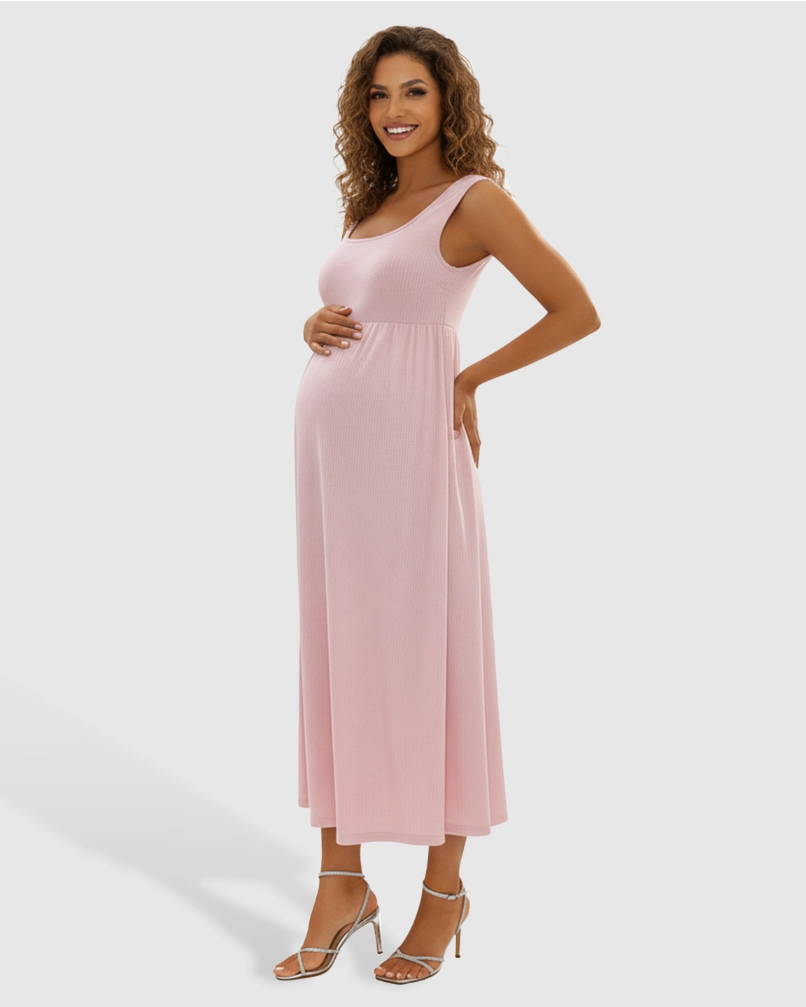 Wide Shoulder Straps Flowy Maternity Midi Dress