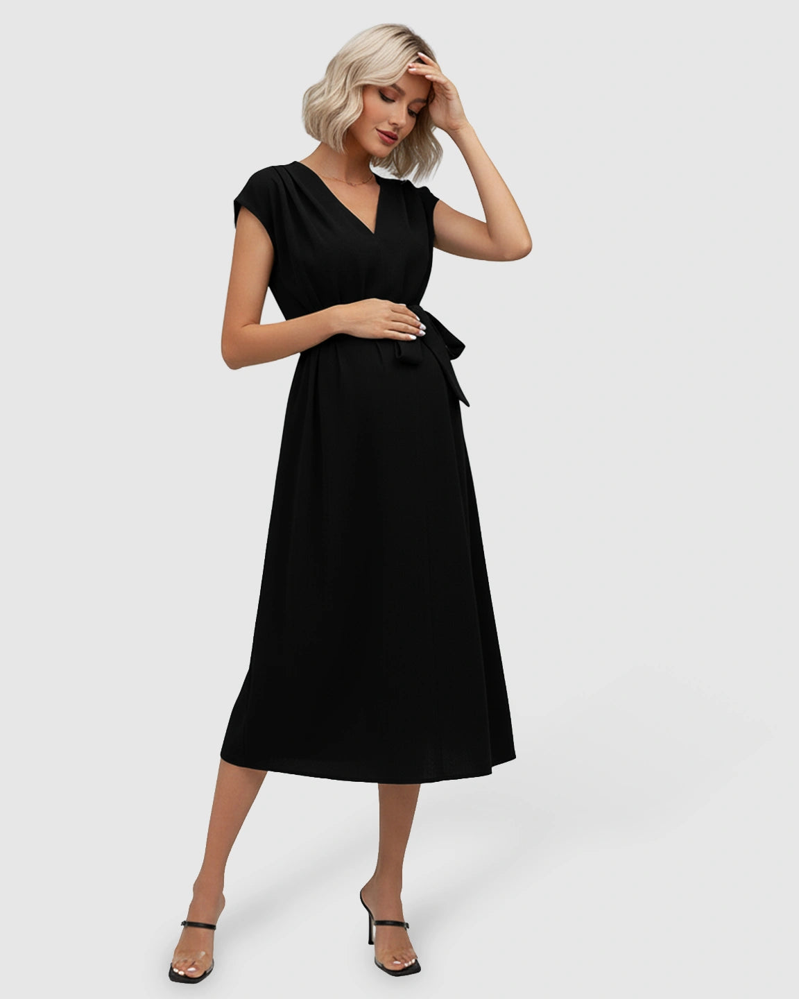 Tie-Waist V-Neck Maternity Midi Dress