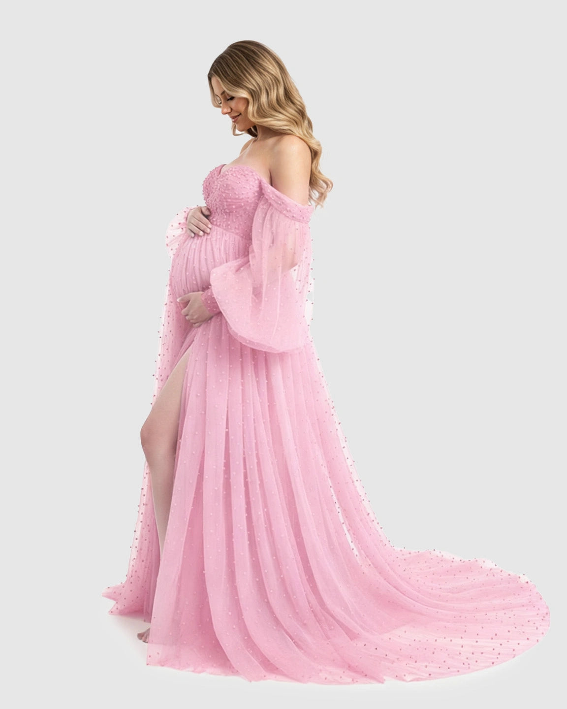 Off-Shoulder Tulle Train Maternity Gown