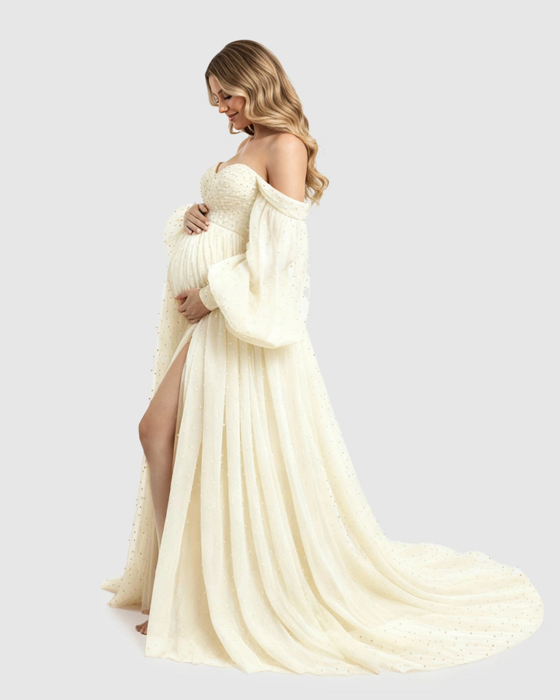 Off-Shoulder Tulle Train Maternity Gown