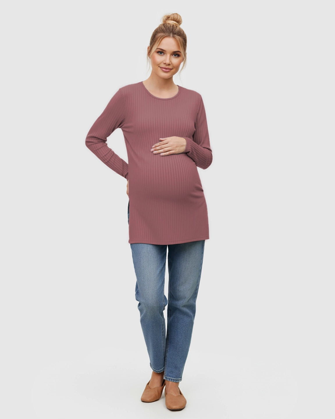 Ribbed Knit Long Sleeve Maternity Top with Side Slits