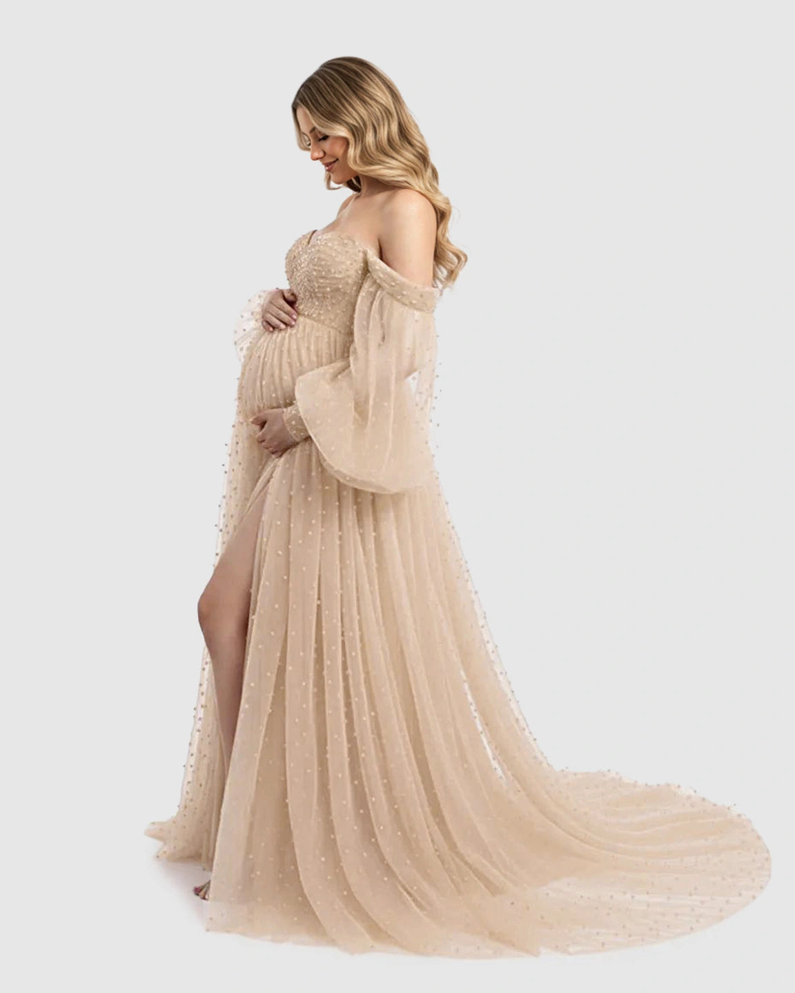 Off-Shoulder Tulle Train Maternity Gown