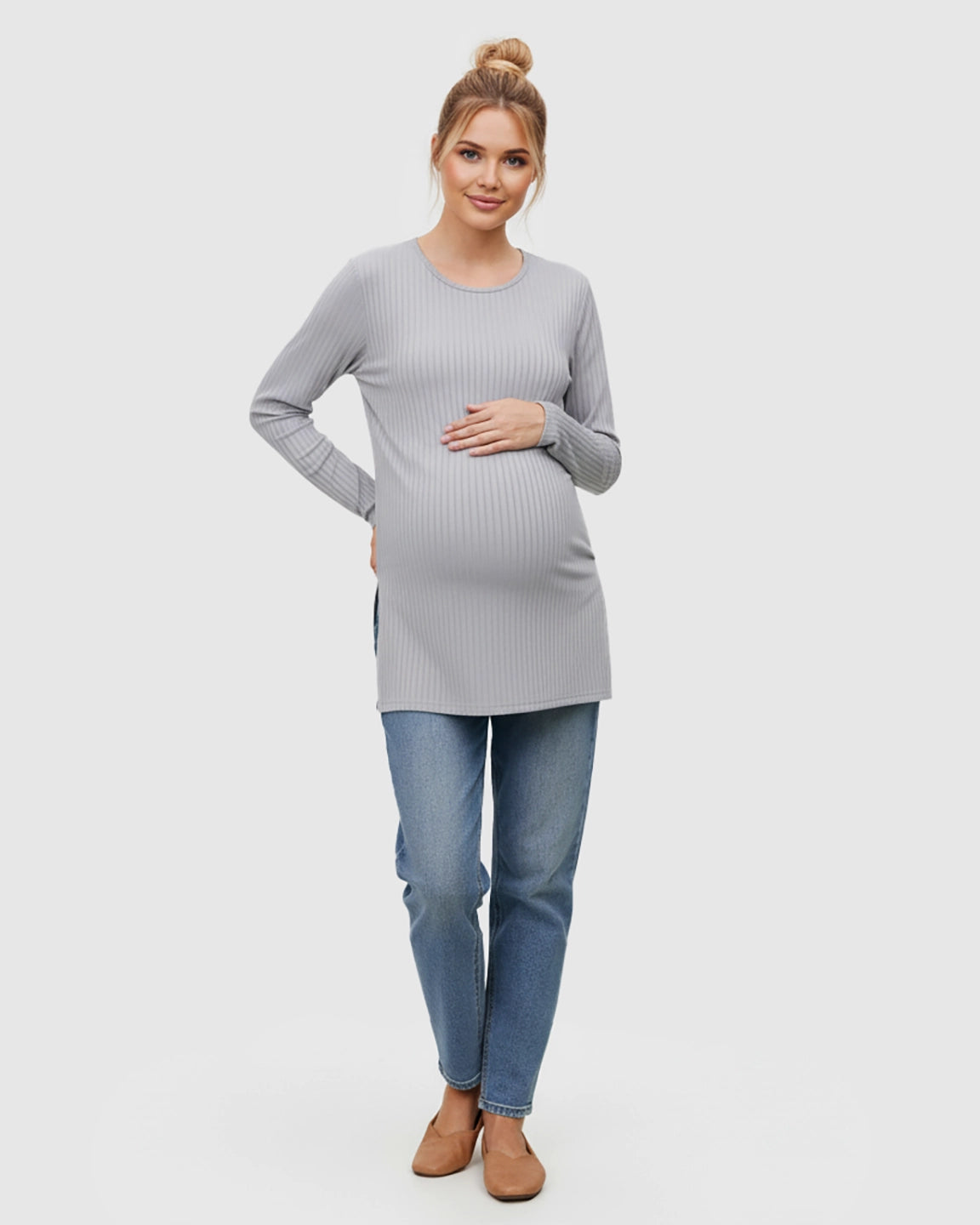Ribbed Knit Long Sleeve Maternity Top with Side Slits