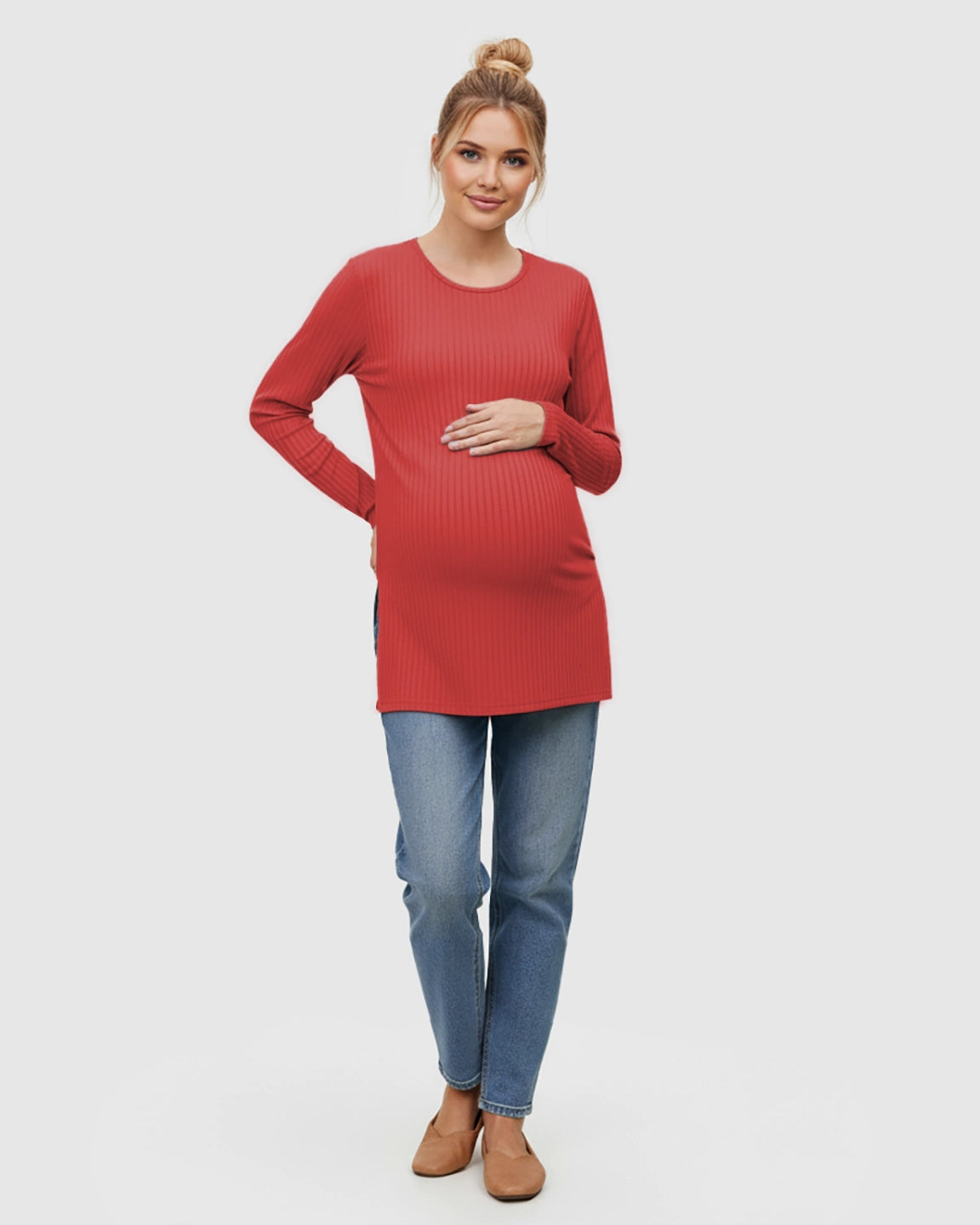 Ribbed Knit Long Sleeve Maternity Top with Side Slits