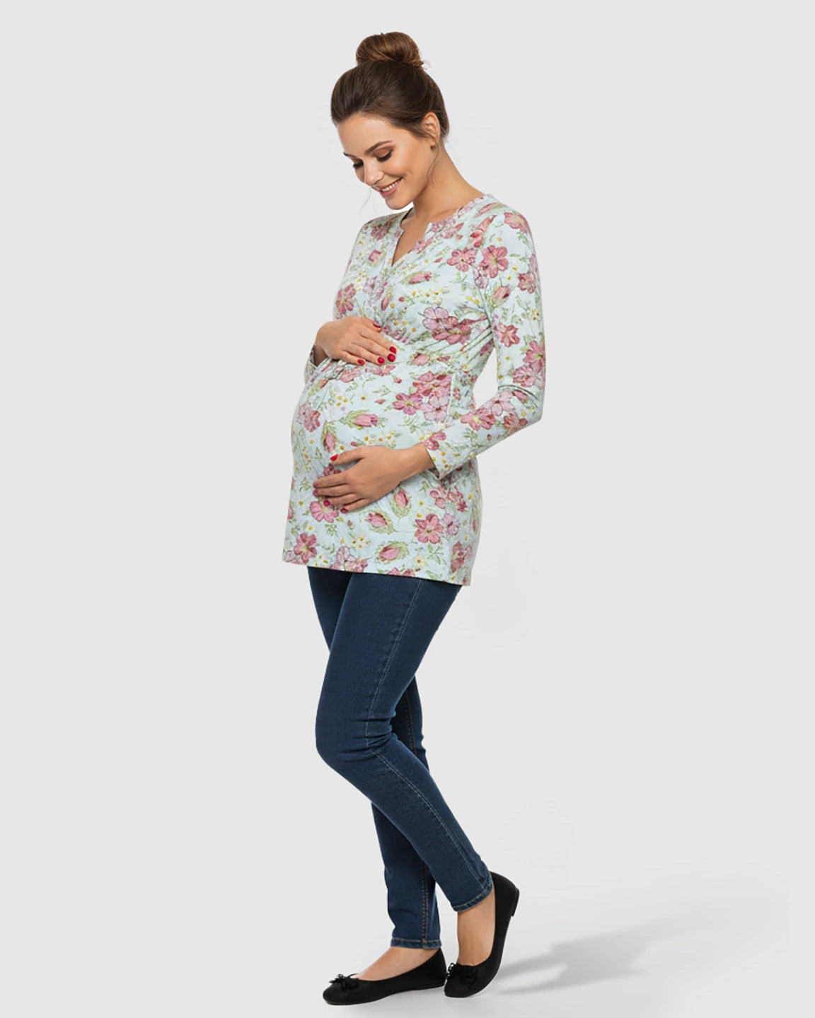 Adjustable Waist Casual Floral Maternity Top