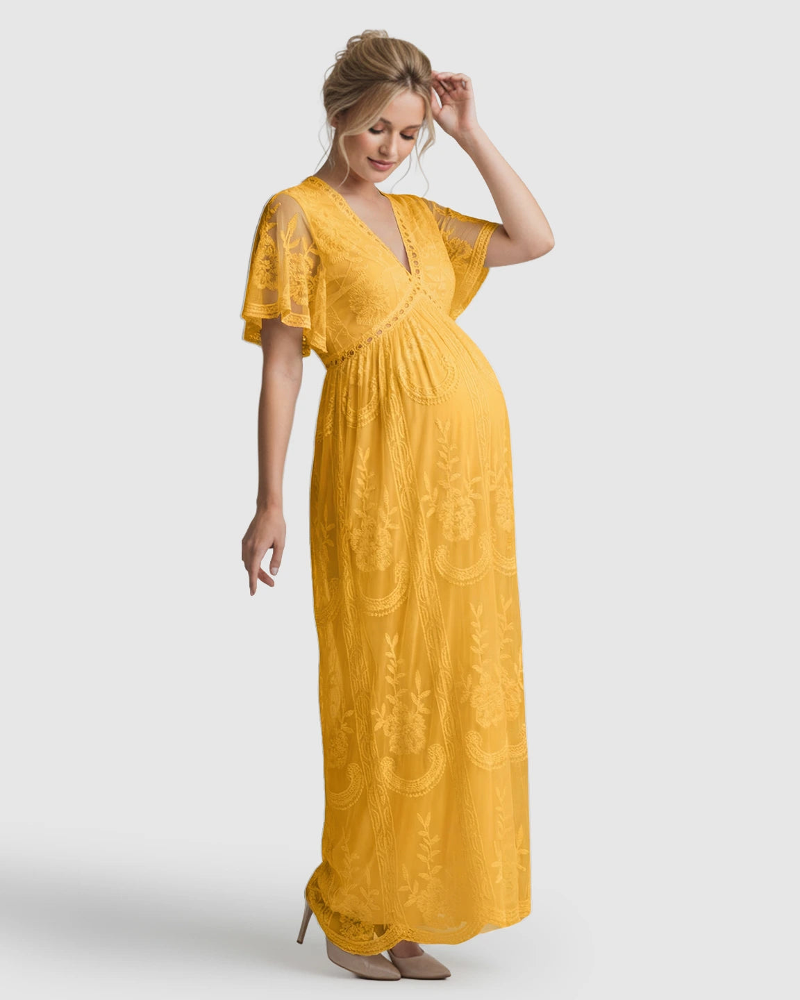 Sheer-Lace Romantic Maternity Maxi Dress