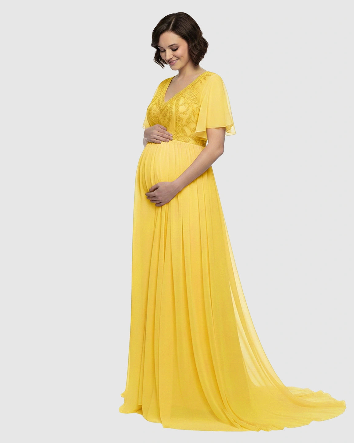 Embroidered Bodice Long Train Maternity Photoshoot Gown