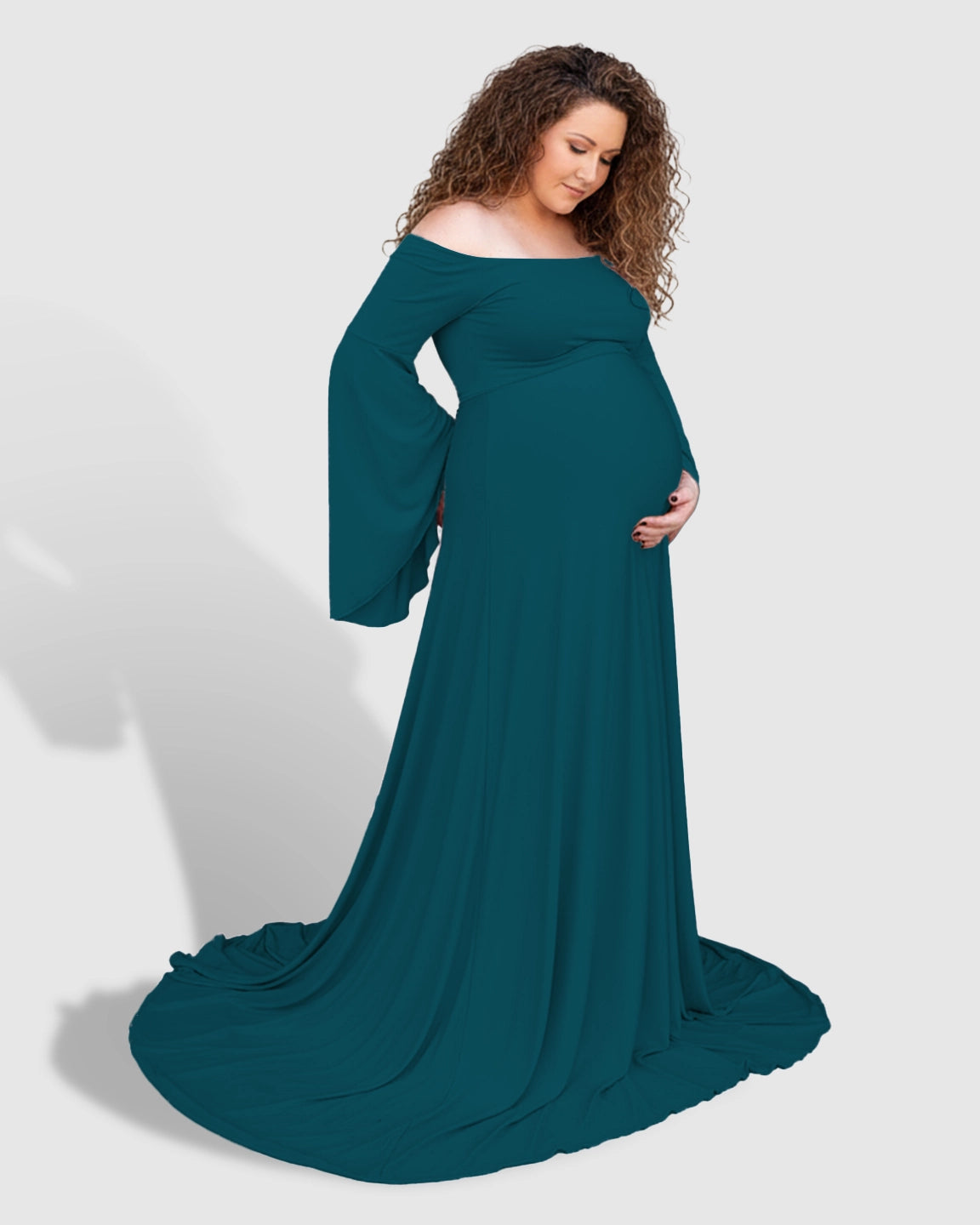 Off-Shoulder Bell Sleeve Boho Maternity Photoshoot Maxi Dress