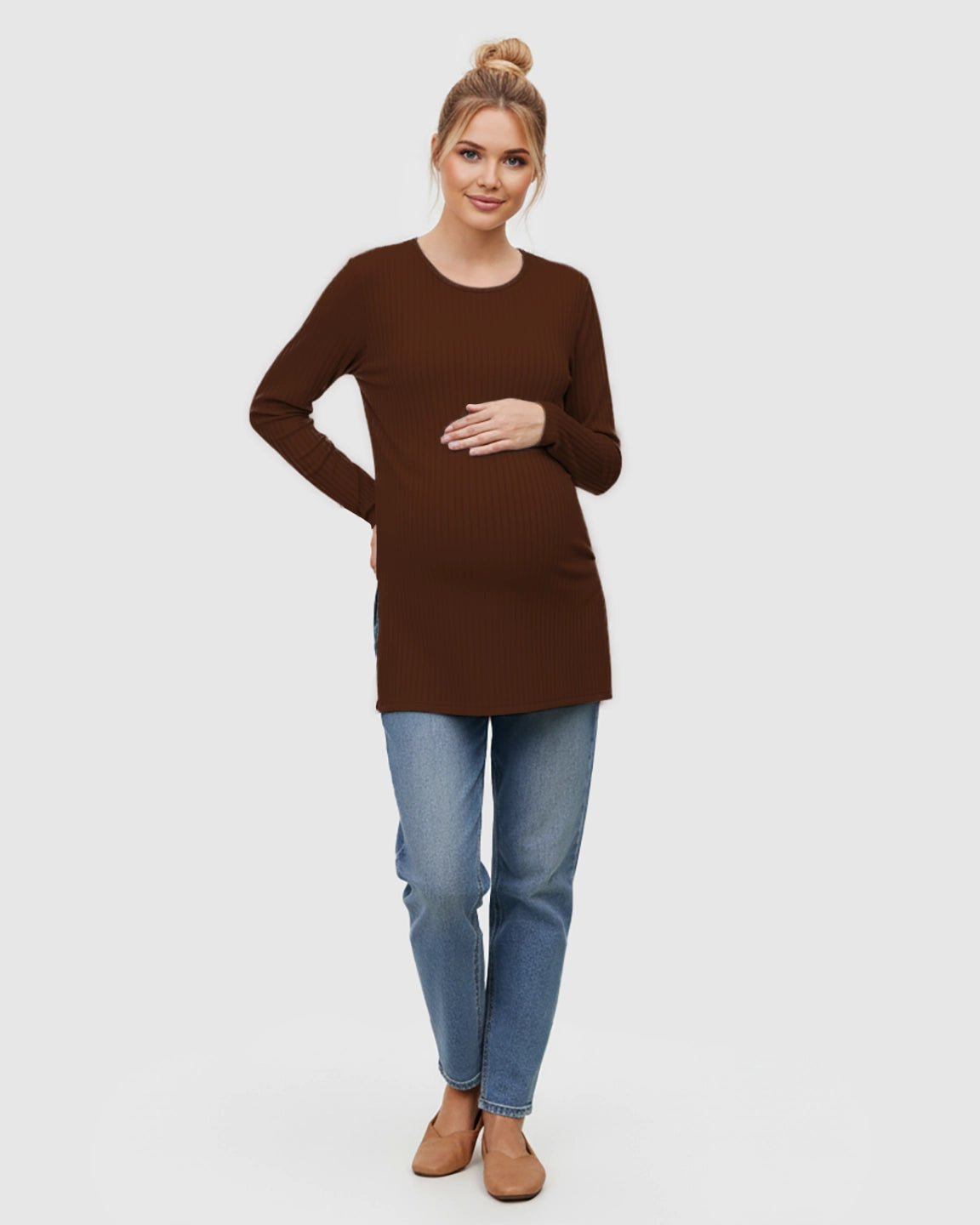 Ribbed Knit Long Sleeve Maternity Top with Side Slits