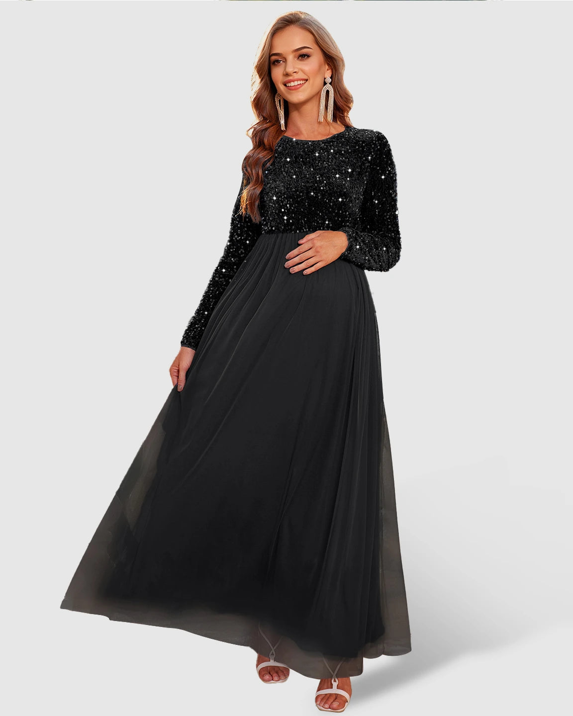 Sequin Long-Sleeve Empire Waist Maternity Maxi Dress