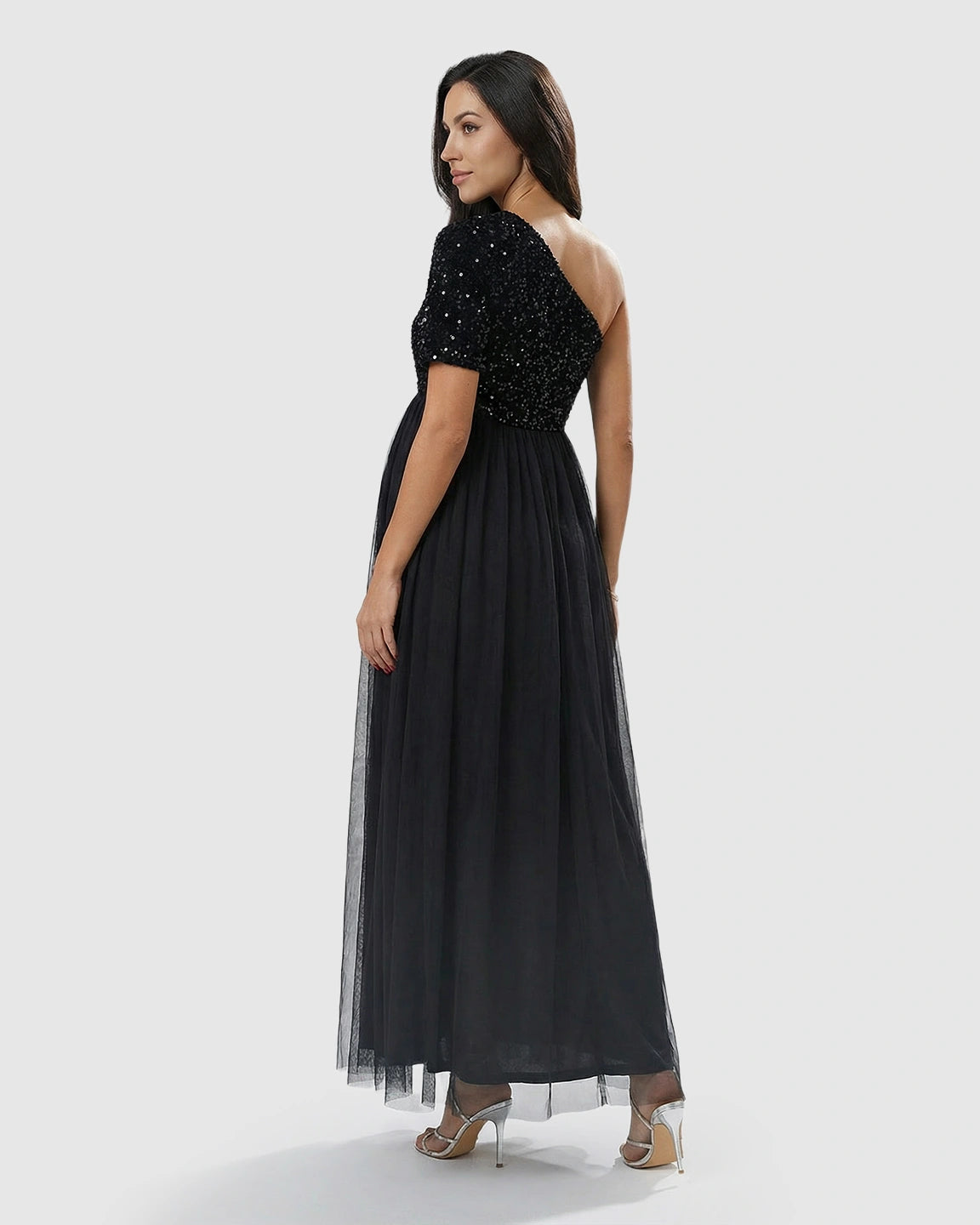 Sequin One-Shoulder Flowing Mesh Maternity Maxi Dress