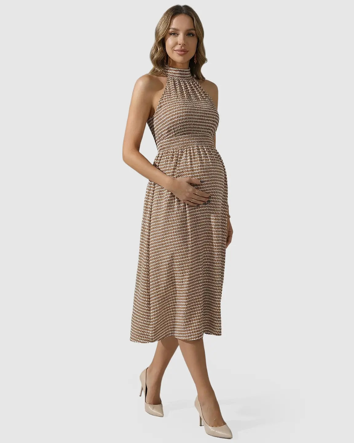Halter Mock Neck Retro Maternity Midi Dress