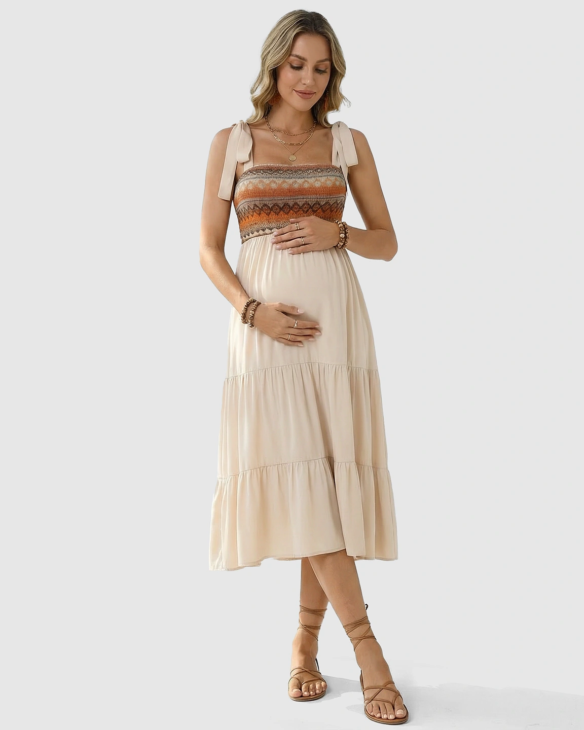 Smocked Ethnic Bodice Tiered A-Line Maternity Sundress