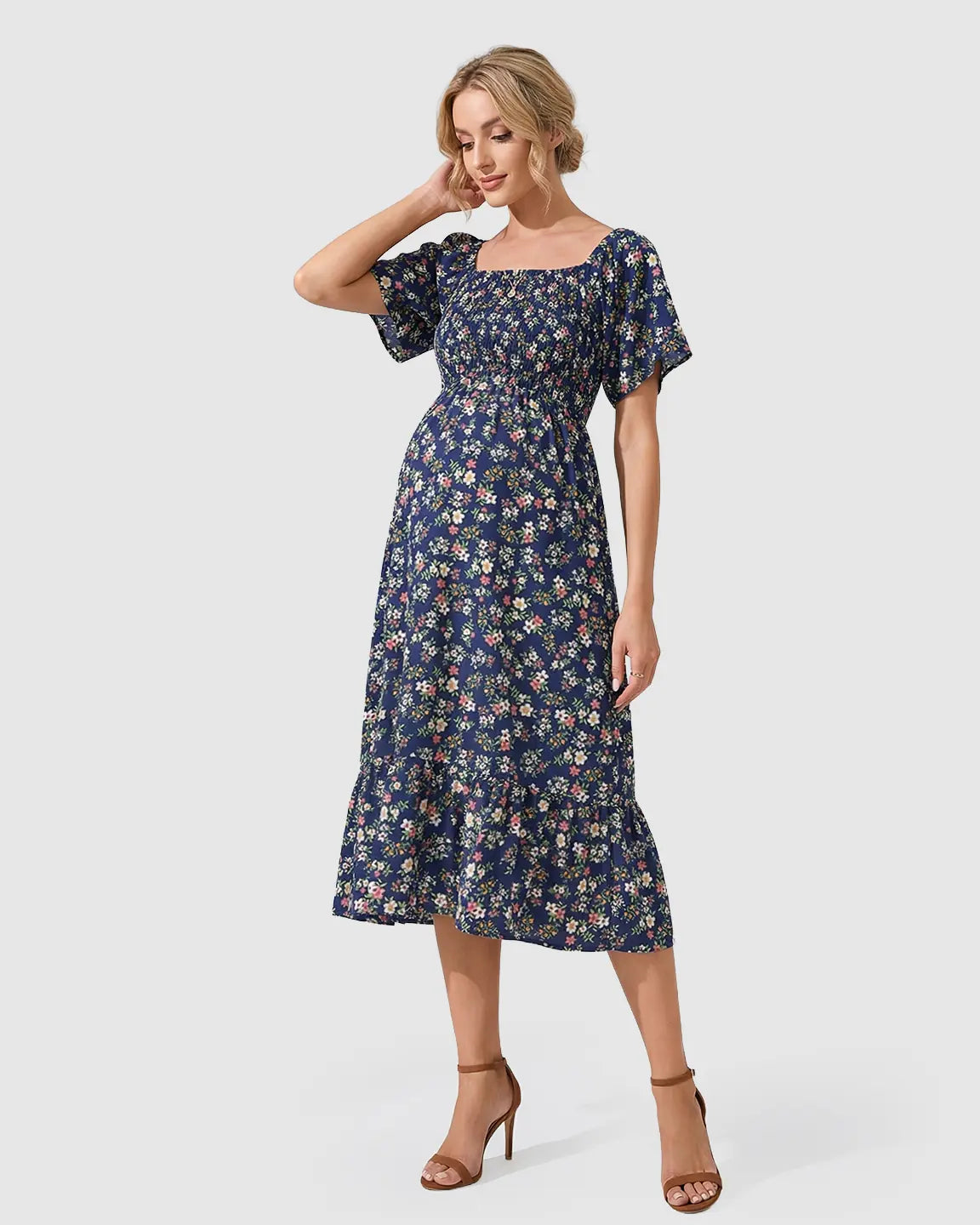 Floral Off Shoulder Maternity Midi Dress