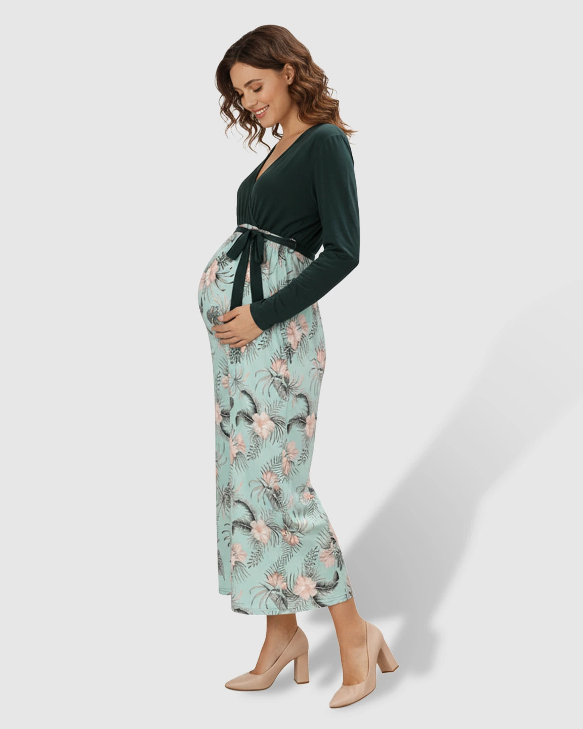 Long-Sleeve V-Neck Floral Maternity Midi Dress