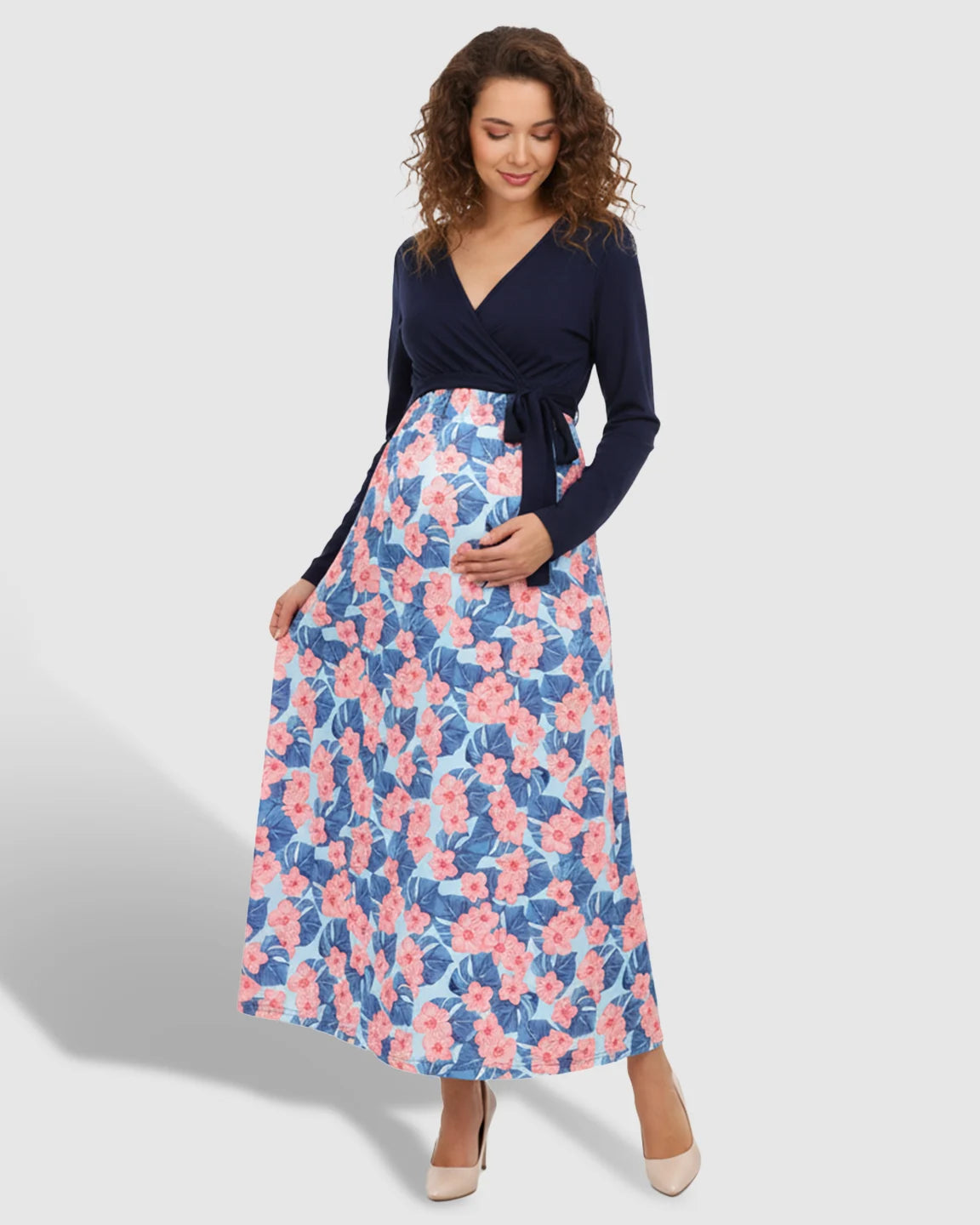 Floral V-Neck Maternity Midi Dress