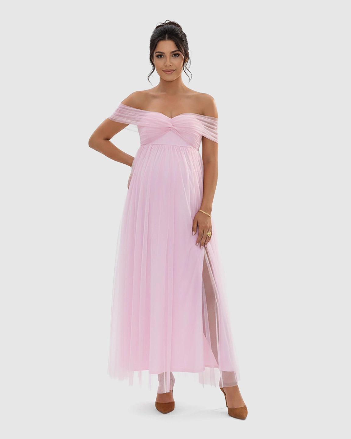 Ruched Off-Shoulder Front Slit Maternity Maxi Dress