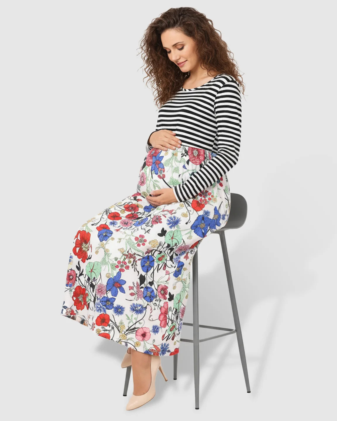 Striped Floral Nursing & Maternity Midi Dress