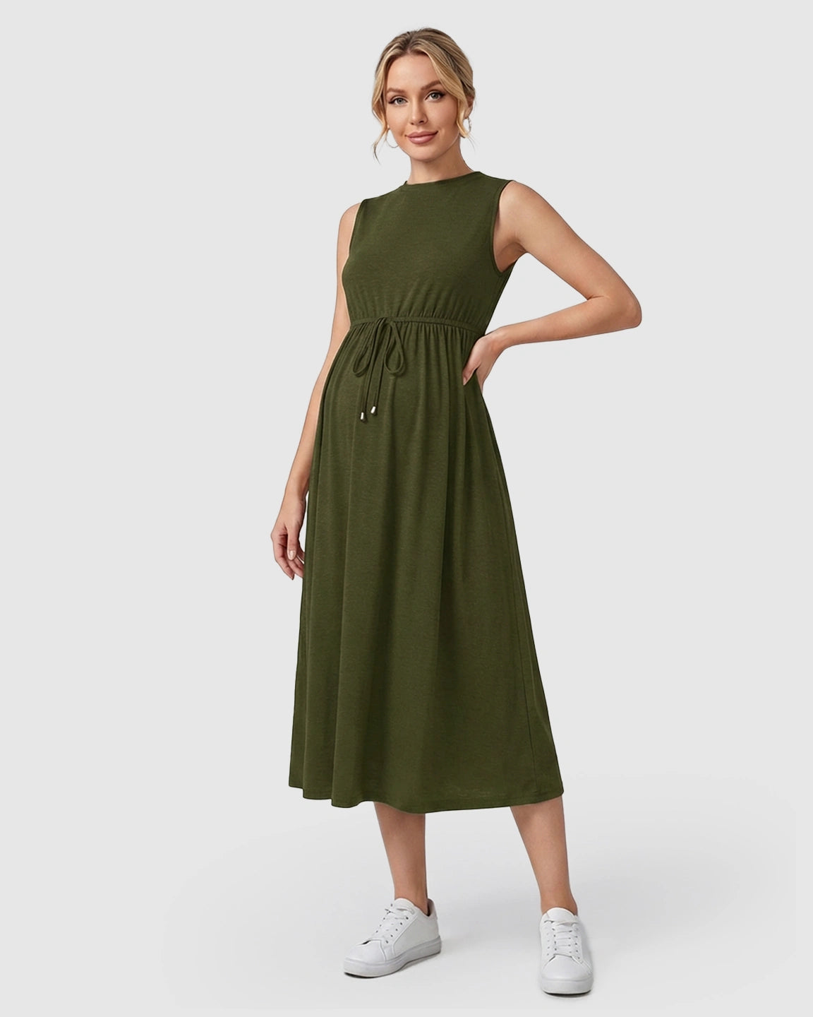 Drawstring Waist Sleeveless Maternity Midi Dress
