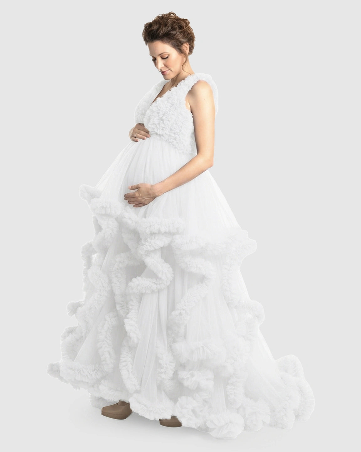 Ruffled Bodice Multi-Layer Mesh Pleats Maternity Gown