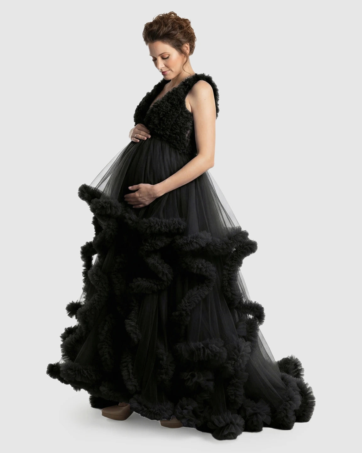 Ruffled Bodice Multi-Layer Mesh Pleats Maternity Gown