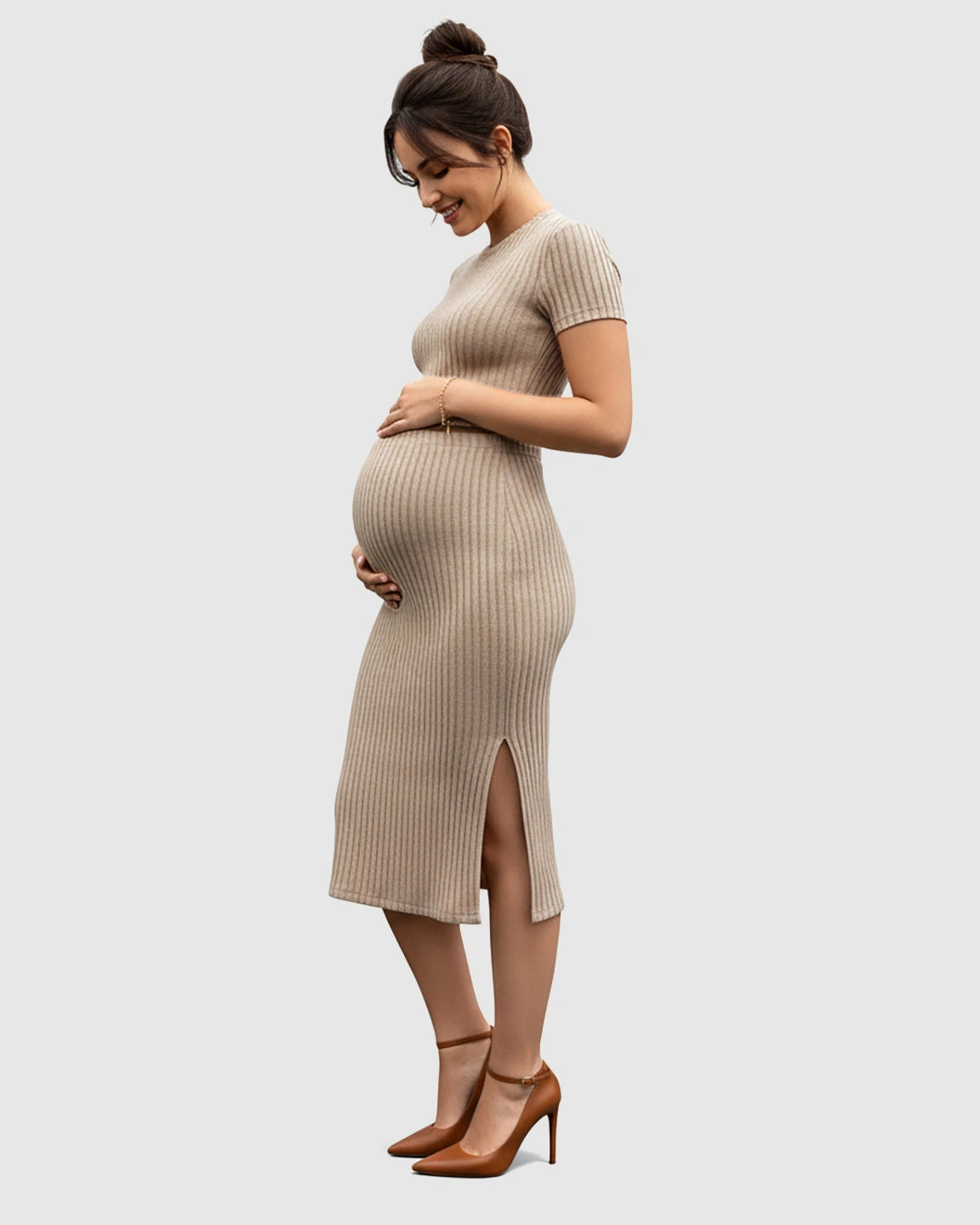 Ribbed Crop Top & Side-Slit Bodycon Maternity Skirt Set