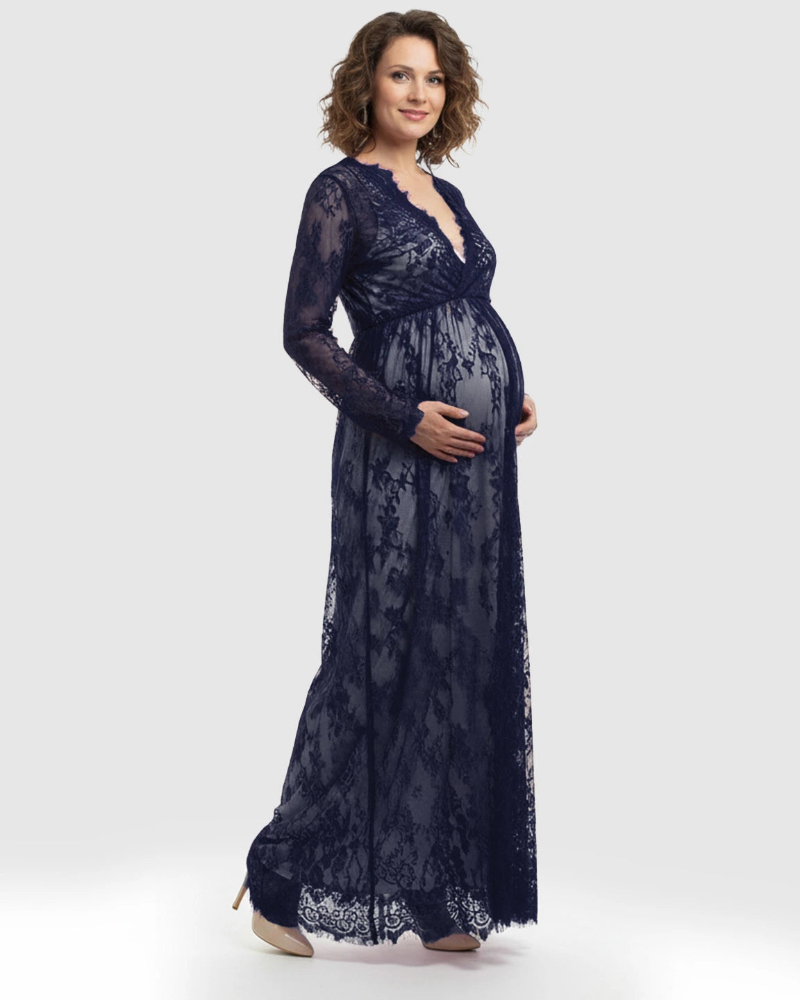Sheer Floral Lace Empire Waist Maternity Maxi Dress