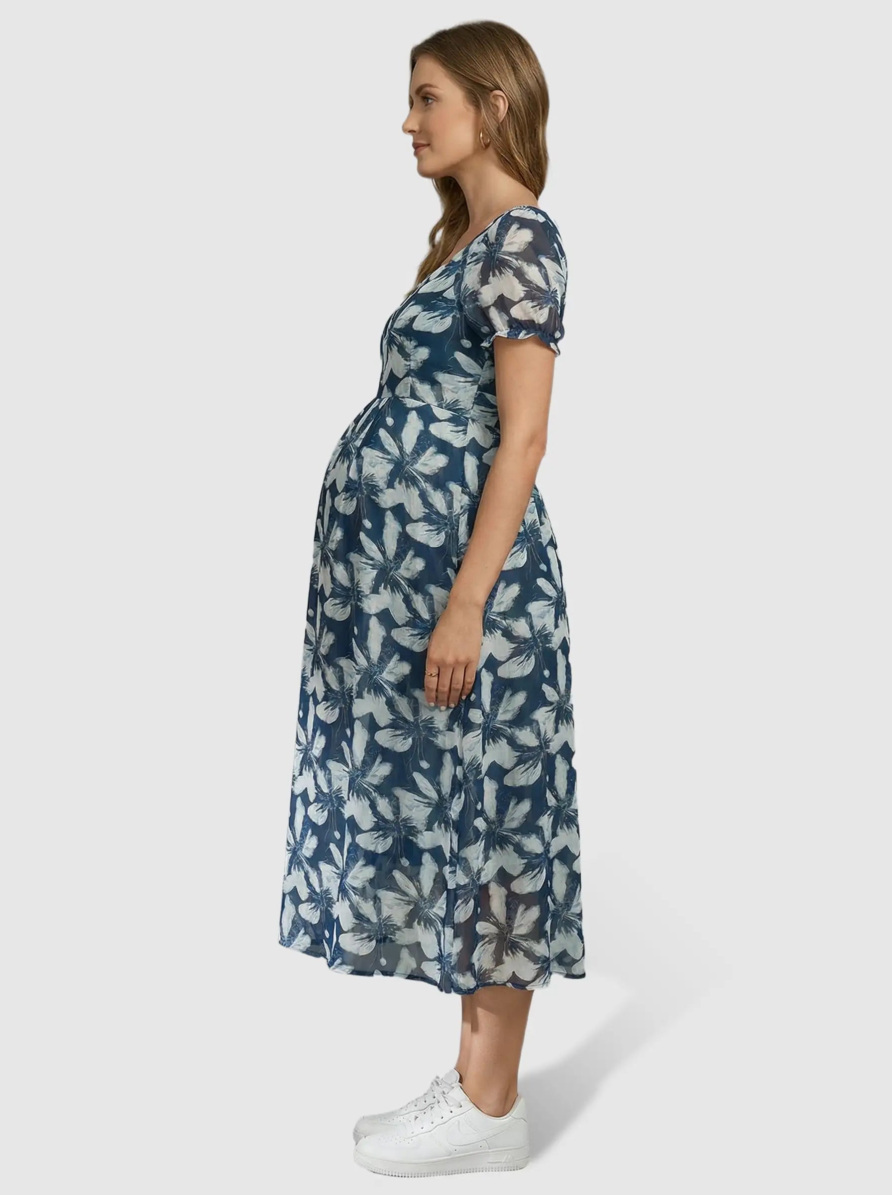 Square Neckline Floral Mid-Waist Cut Maternity Midi Dress