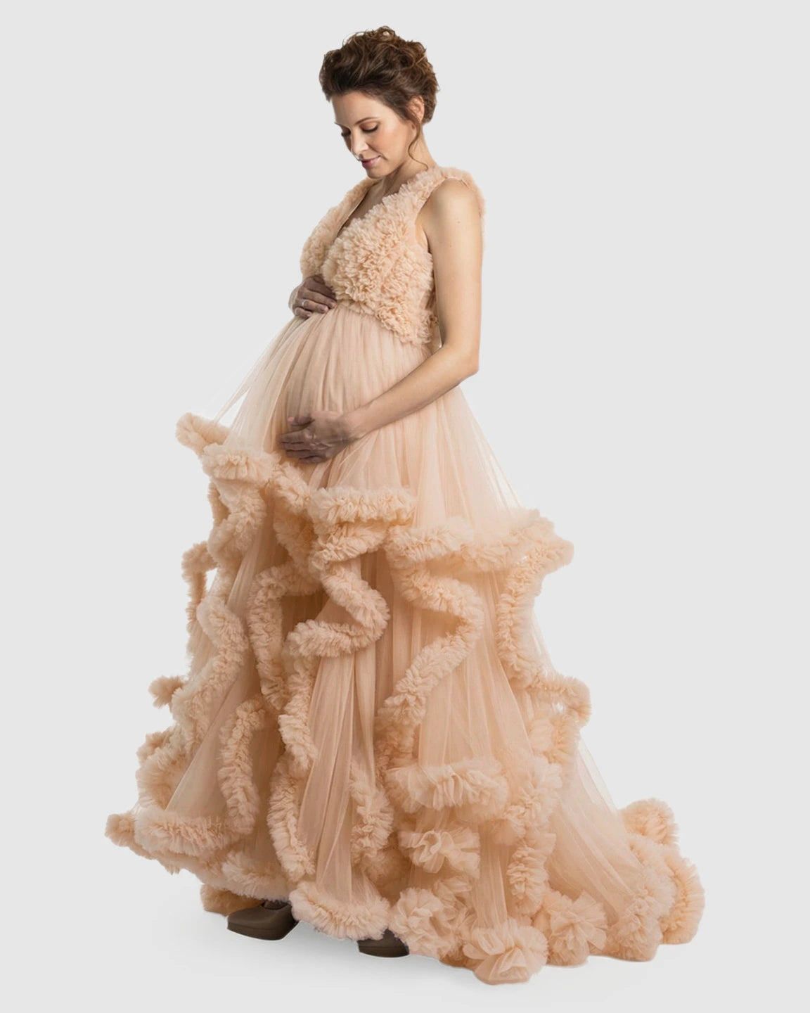 Ruffled Bodice Multi-Layer Mesh Pleats Maternity Gown