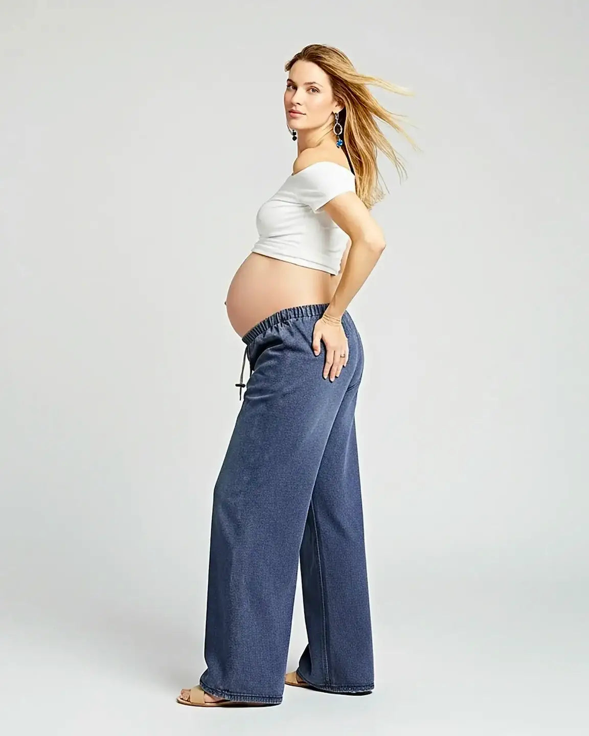 Baggy Wide-Leg Drawstring Maternity Jeans