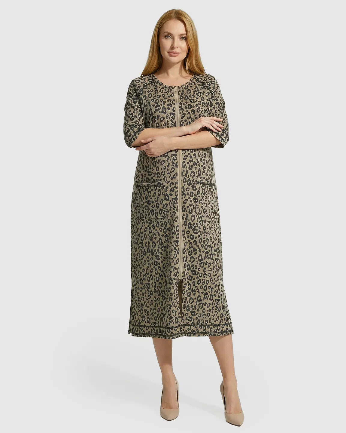 Front Zipper Leopard Print Maternity Nursing Lounge Dress