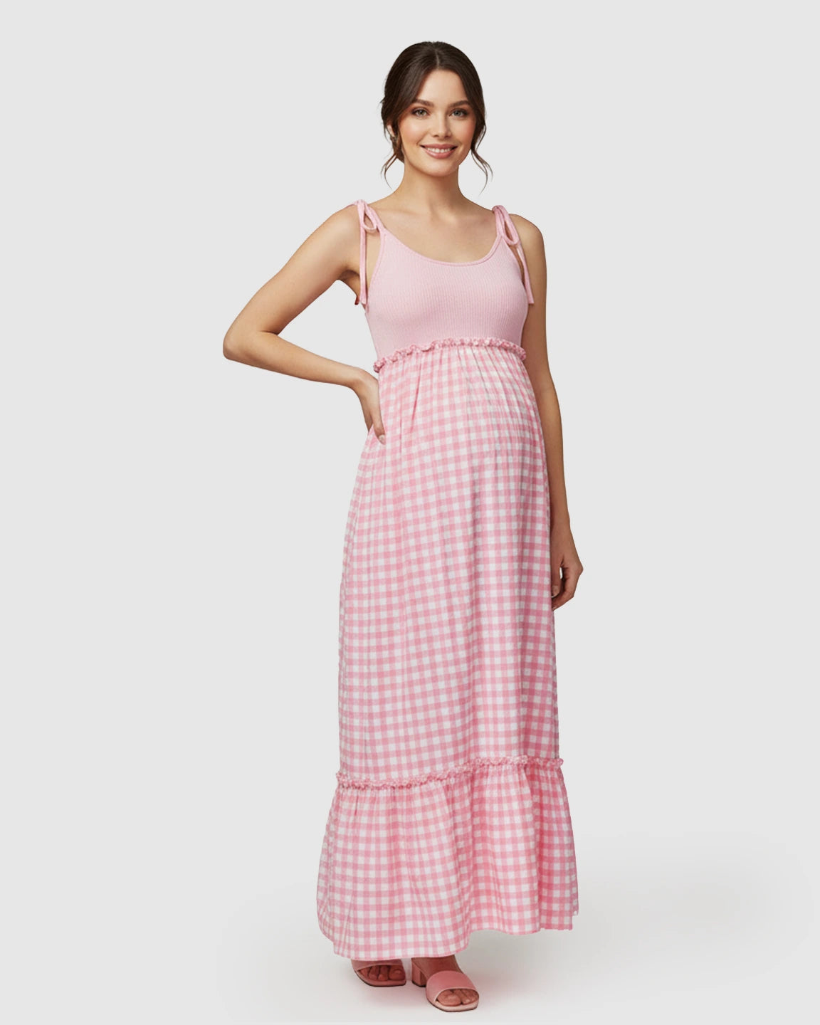 Spaghetti Strap Plaid Patchwork Maternity Maxi Dress