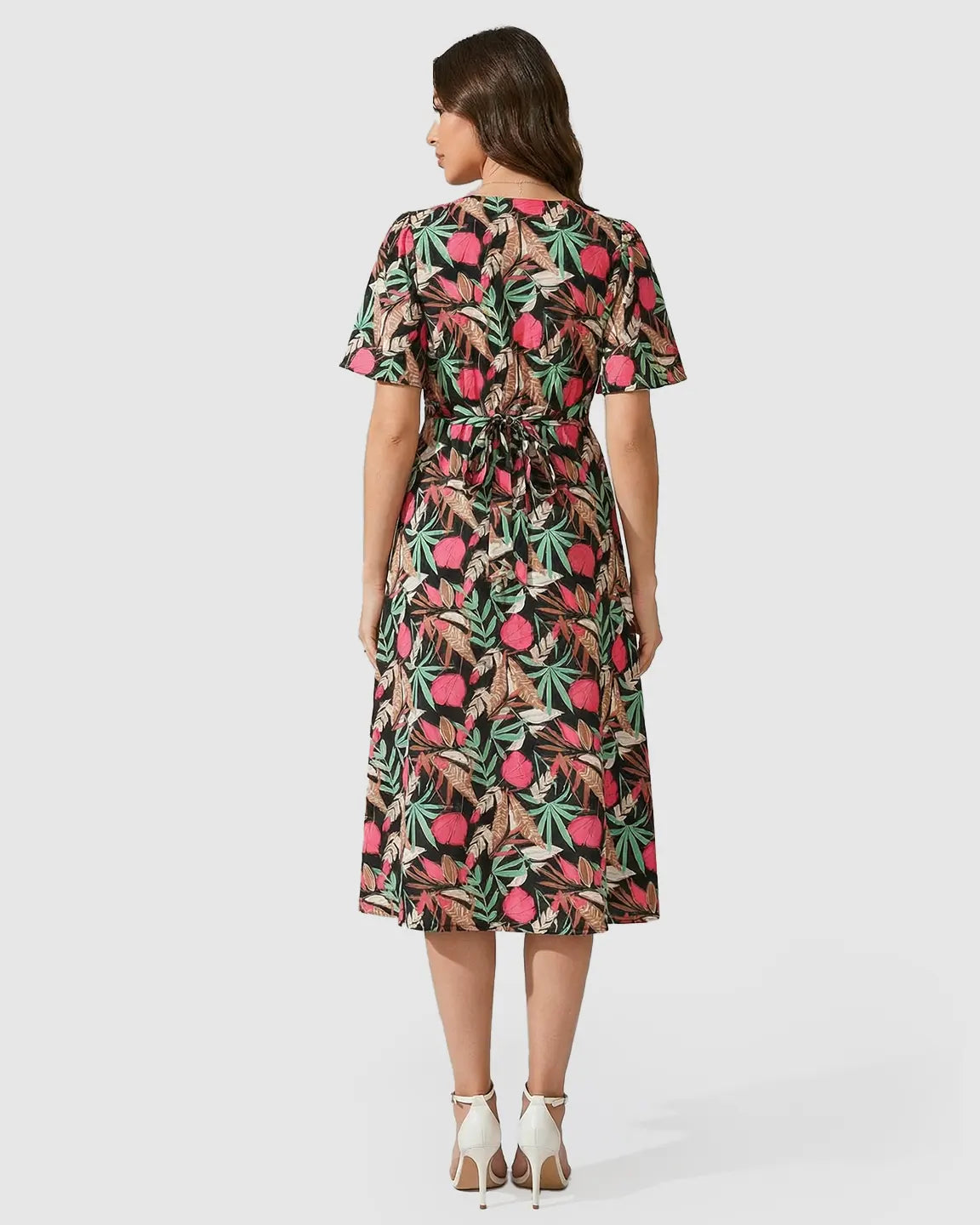 Tropical Print Tie-Waist Flowy Maternity Midi Dress