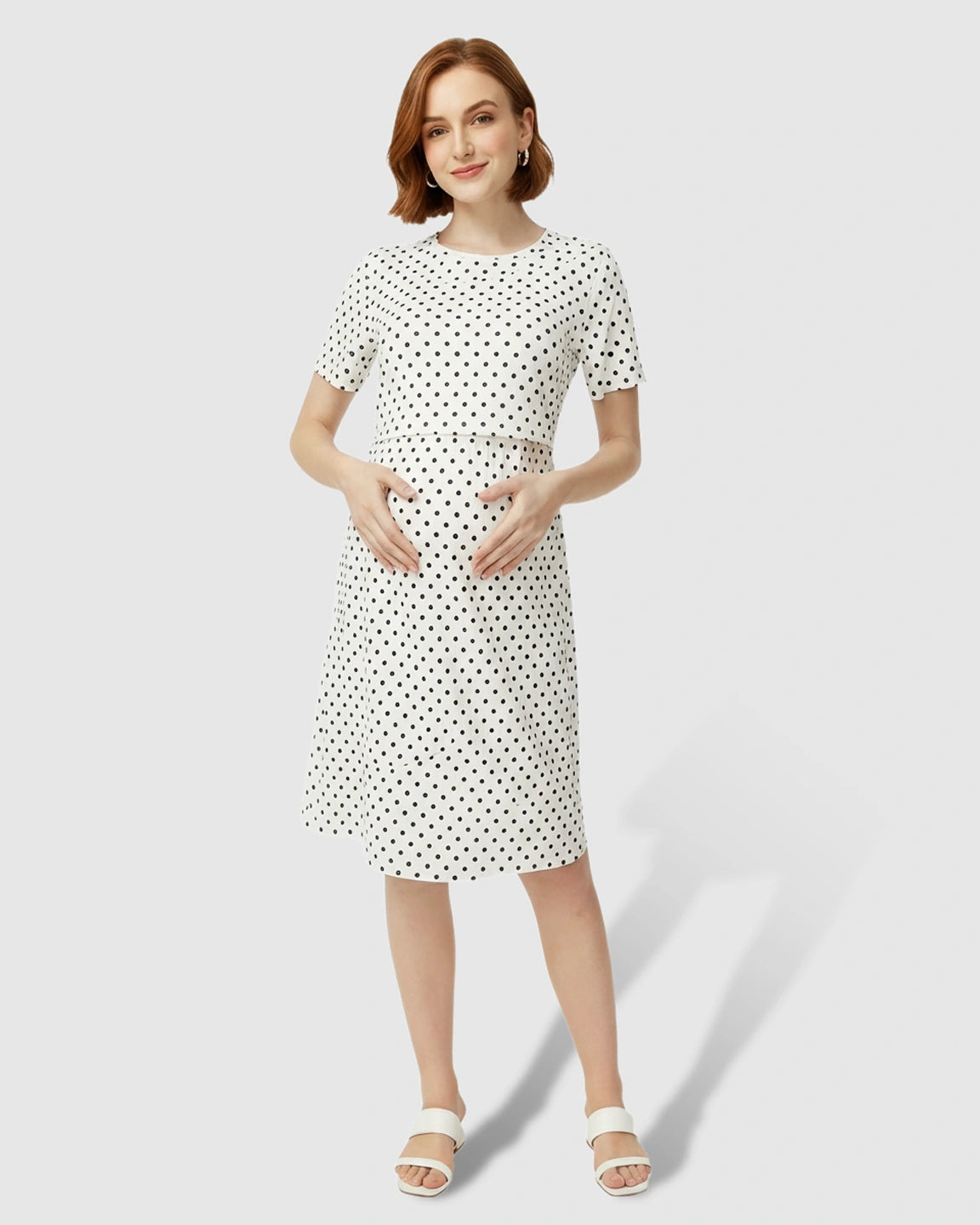 Short Sleeve Polka Dot Print Maternity Midi Dress
