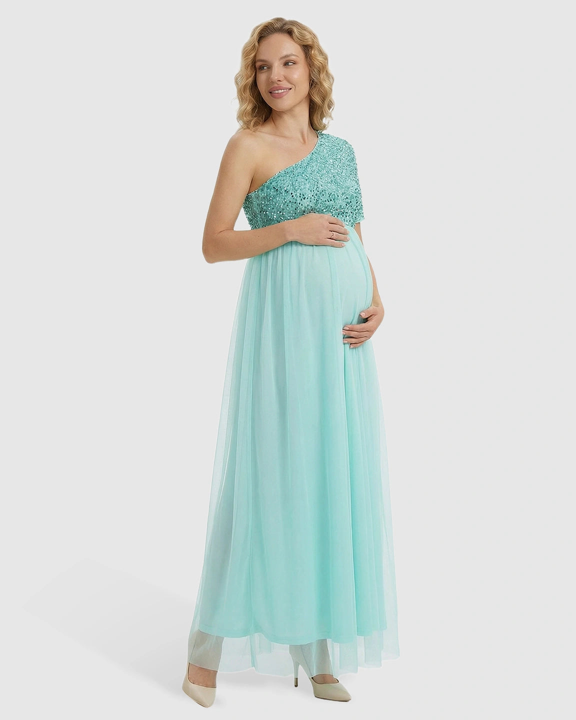 Sequin One-Shoulder Flowy Maternity Maxi Dress