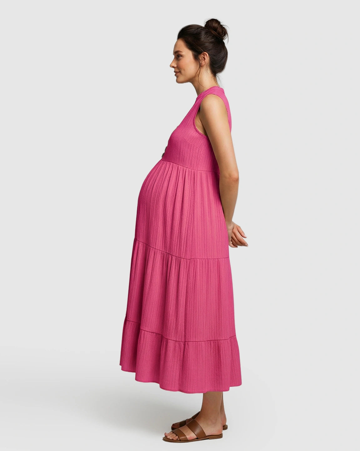 Button-Front Detail Tiered Maternity Midi Dress