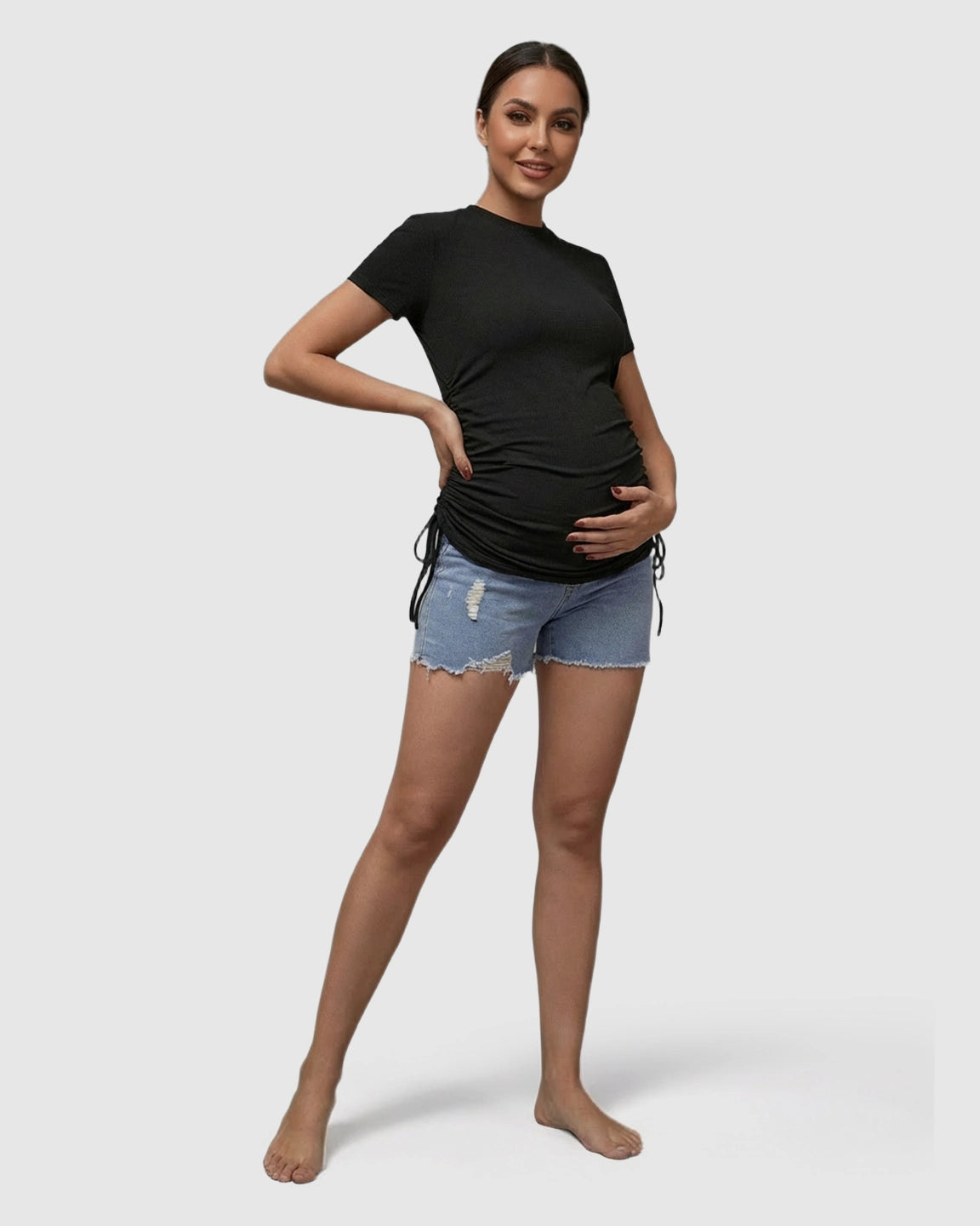 Ruched Waist Casual Maternity Top With Denim Shorts