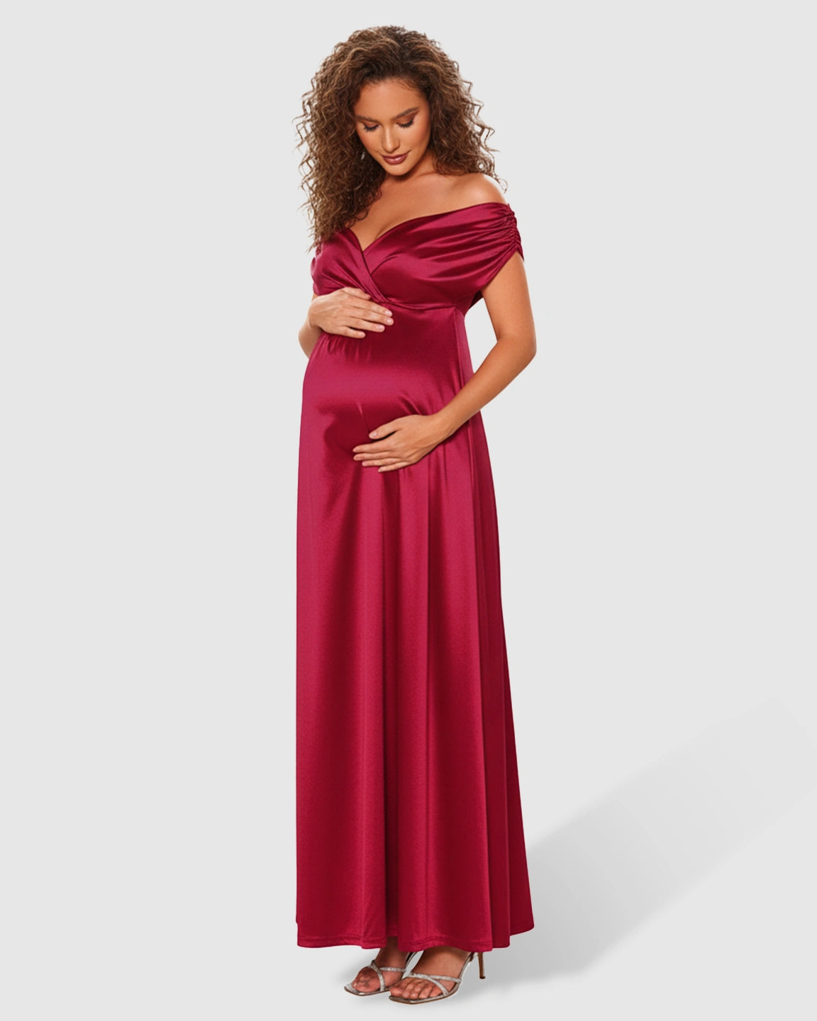 Ruched Off-Shoulder Empire Waist Maternity Maxi Dress