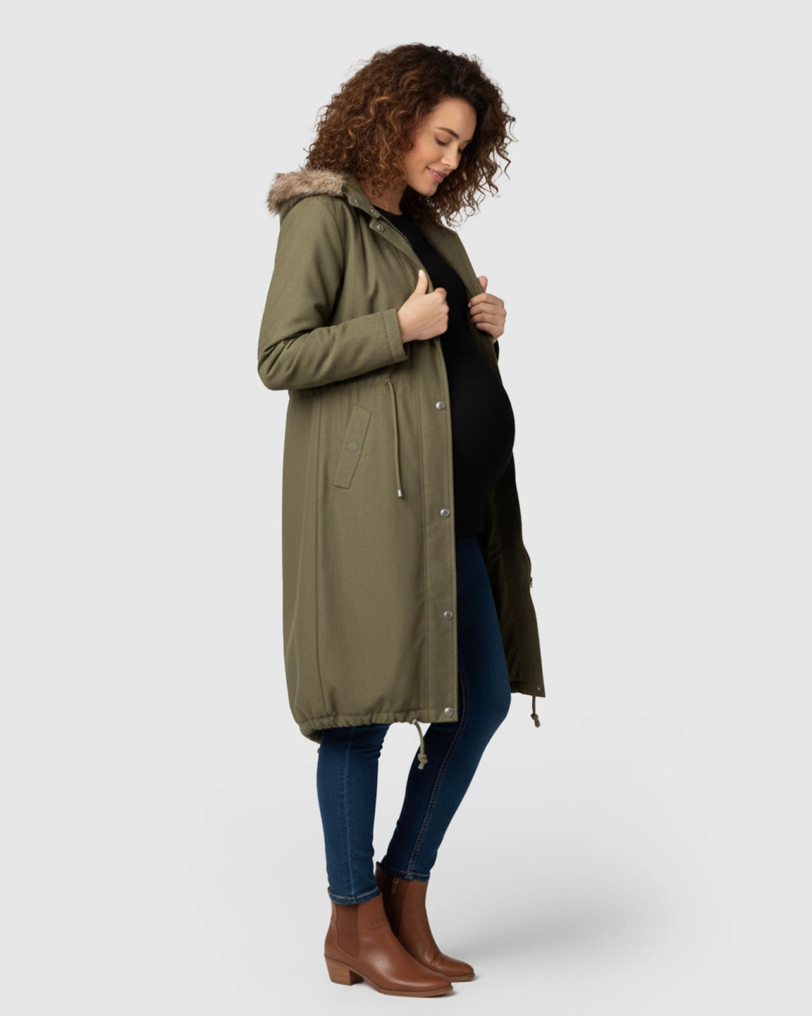 Fur Collar Hooded Long Maternity Jacket
