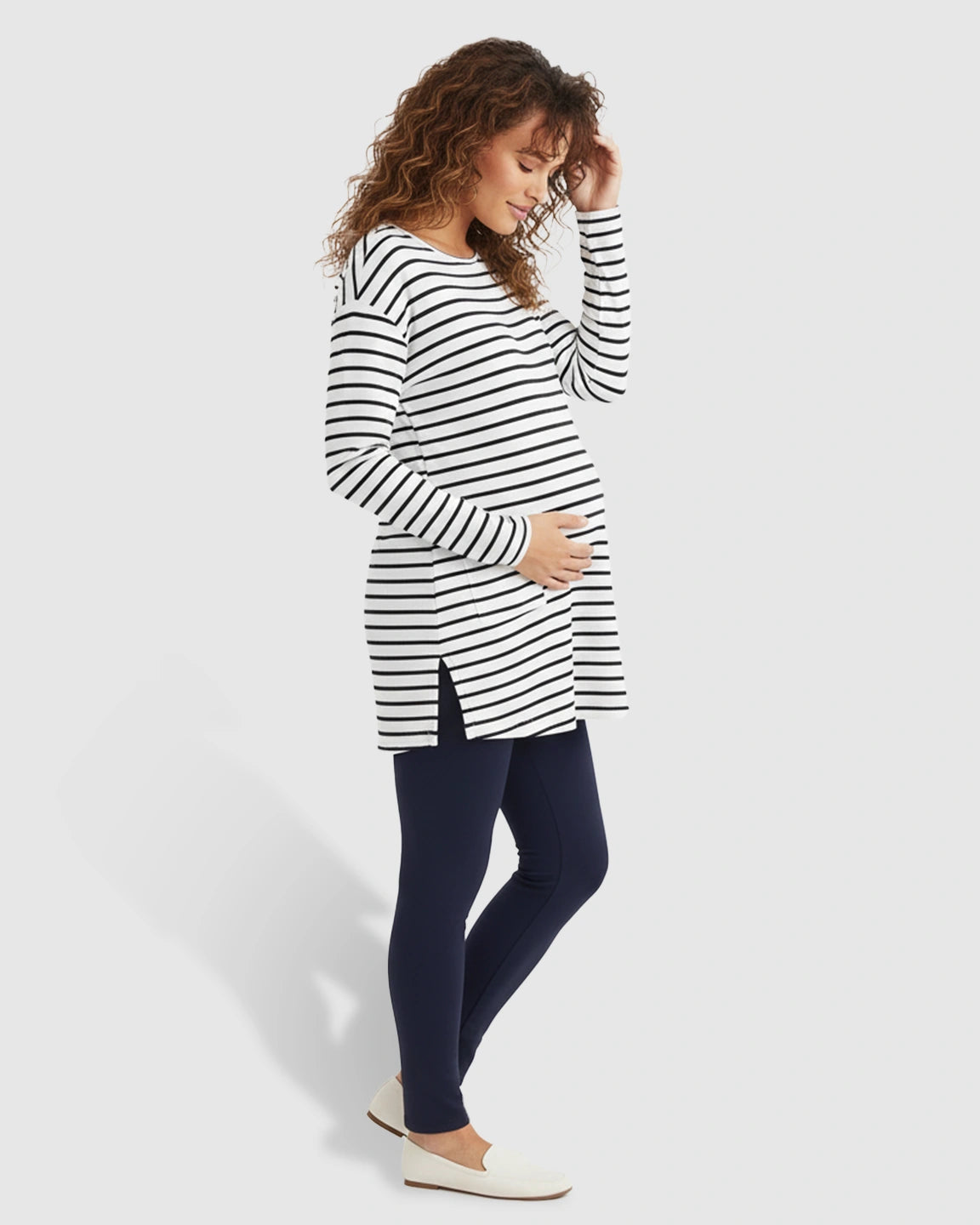 Striped Round Neck Long Sleeve Maternity Top with Pockets